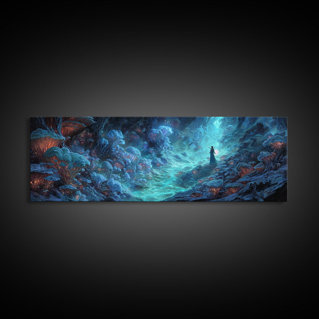 Surreal Fantasy Glowing Cave With Blue Mushroom Forest Wall Art Canvas Print For Mystical Decor And Unique Gift Ideas