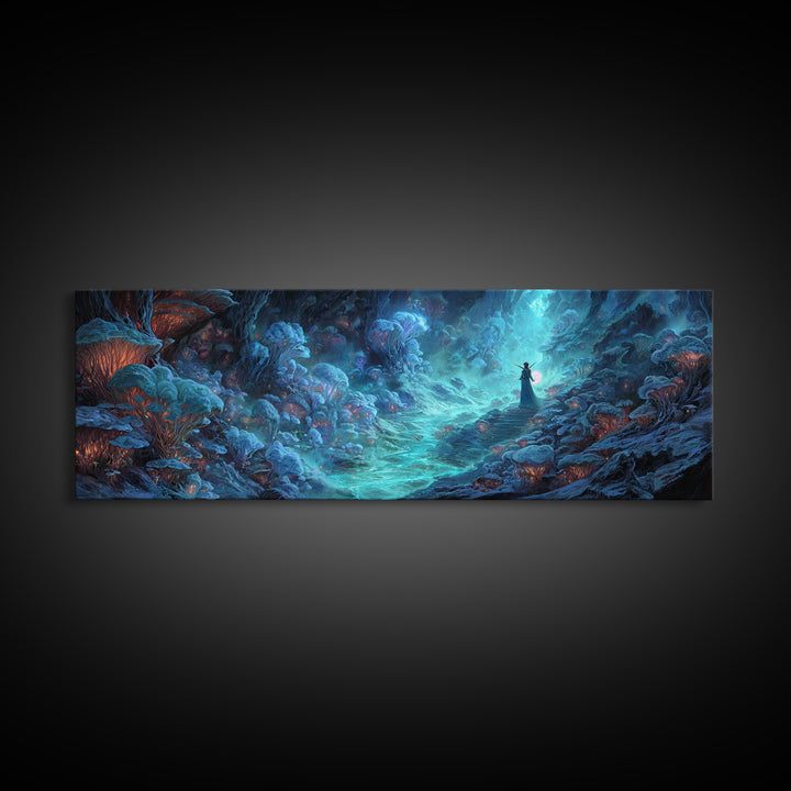 Surreal Fantasy Glowing Cave With Blue Mushroom Forest Wall Art Canvas Print For Mystical Decor And Unique Gift Ideas