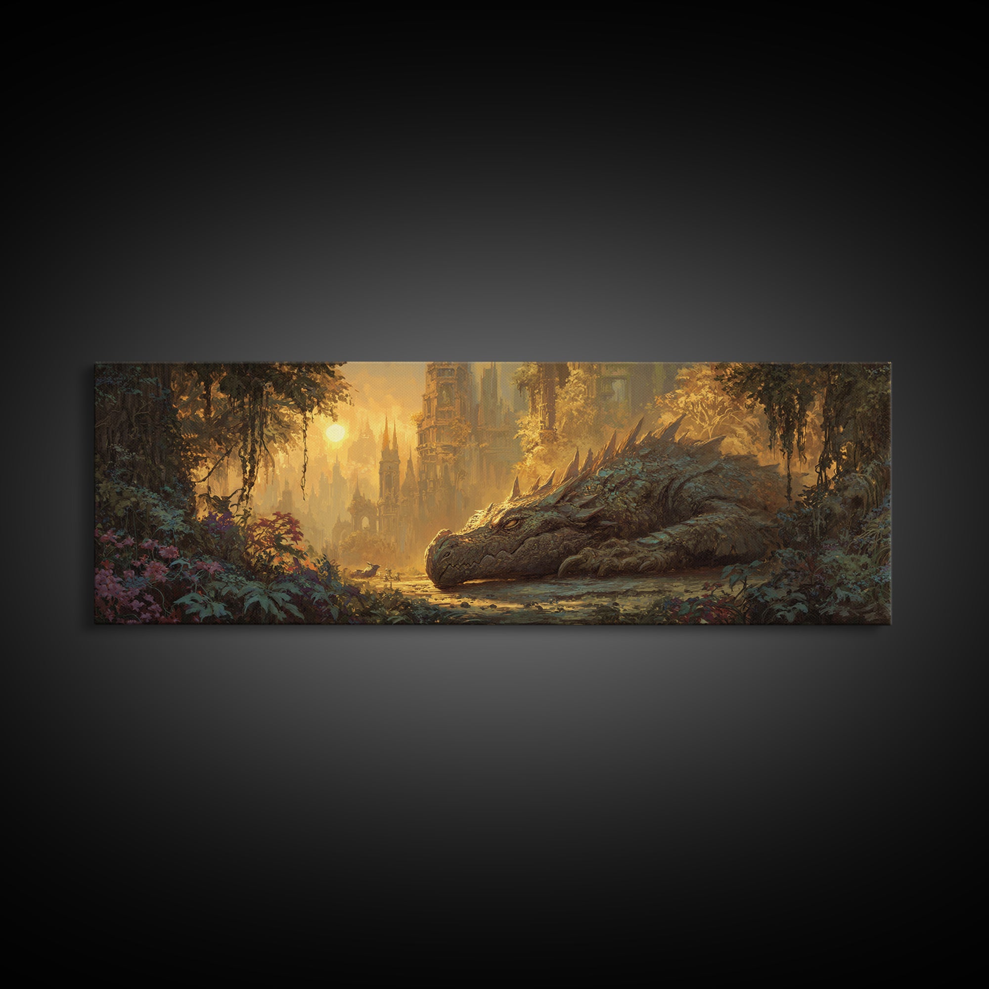 Fantasy Dragon Resting Peacefully In Enchanted Forest With Castle - Magical Fantasy Wall Art Canvas Print For Unique Home Decor