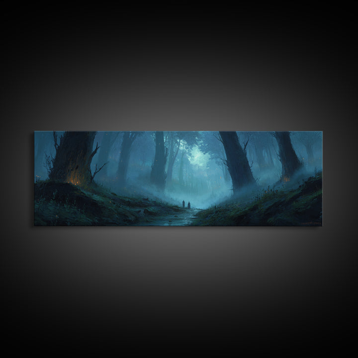 Atmospheric Misty Woodland With Two Figures Walking Through Foggy Forest - Moody Wall Art Canvas Print For Living Room And Bedroom Decor
