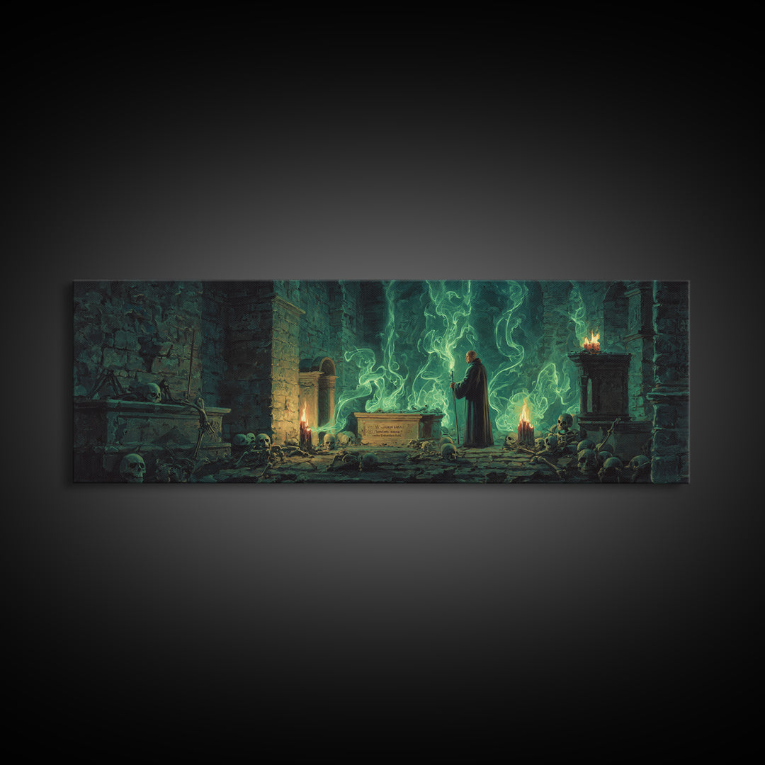 Mystical Wizard In Ancient Crypt With Glowing Green Flames Wall Art Modern Fantasy Decor Framed Canvas Print Unique Gift