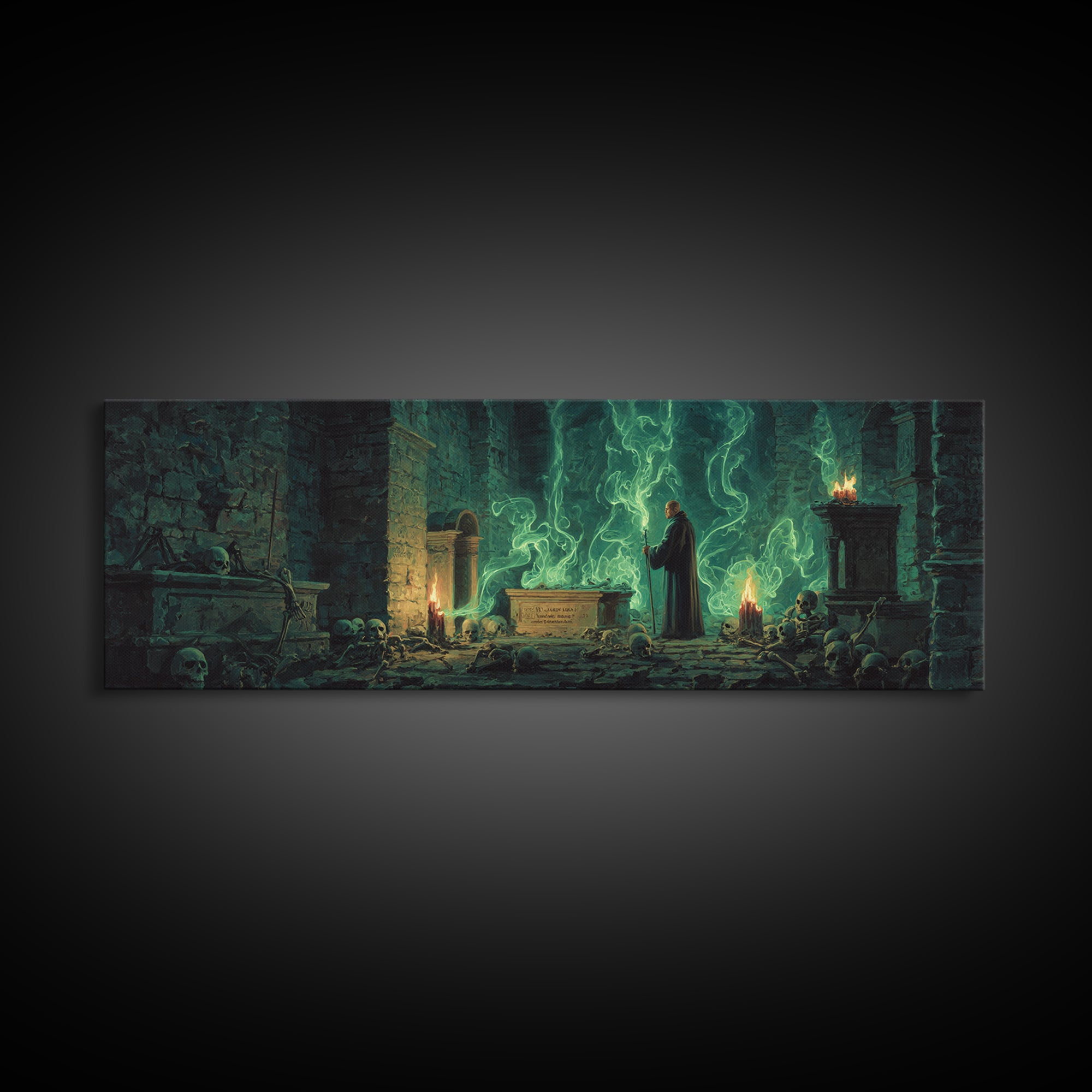 Mystical Wizard In Ancient Crypt With Glowing Green Flames Wall Art Modern Fantasy Decor Framed Canvas Print Unique Gift