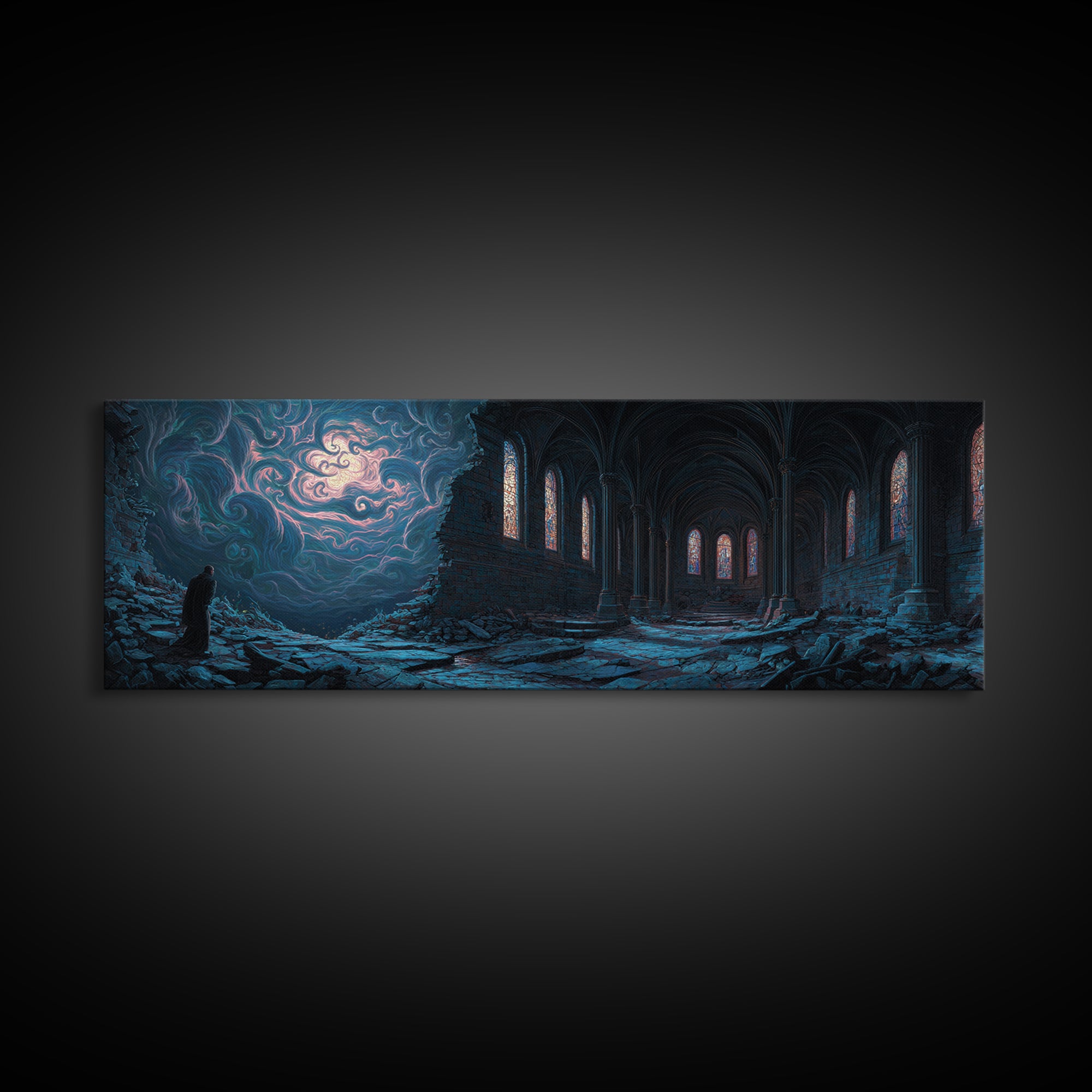 Majestic Ruined Gothic Church Scene At Night Fantasy Art Canvas Print For Dark Academia Wall Decor And Mystical Room Art