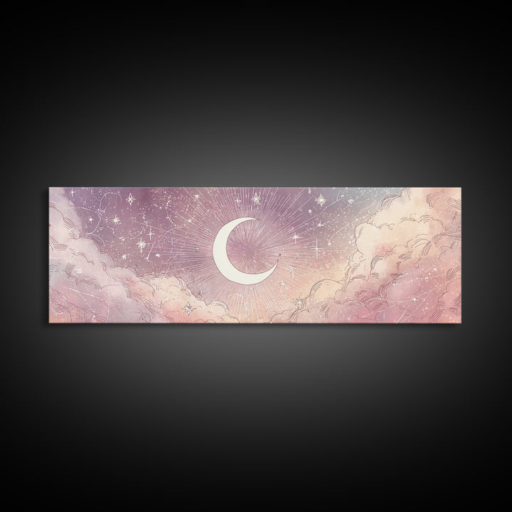 White Crescent Moon Over Pink Clouds Wall Art, Whimsical Celestial Nursery Decor, Dreamy Bedroom Decor, Framed Canvas Print