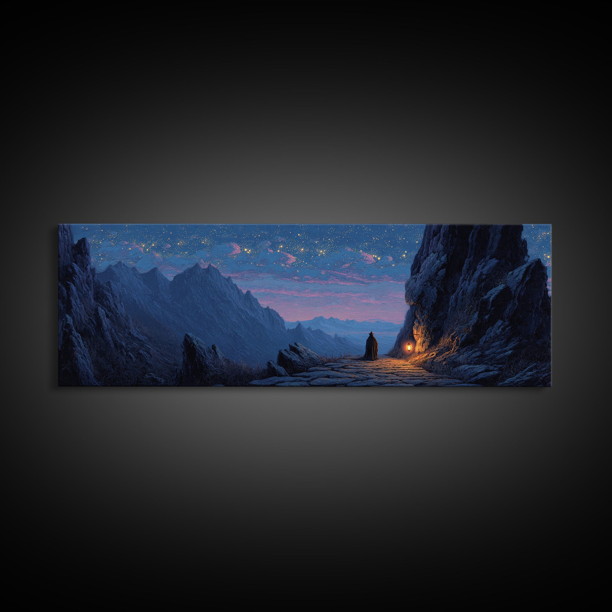 Mystical Knight Under Starry Night Sky Landscape Wall Art Framed Canvas Print For Fantasy Home Decor