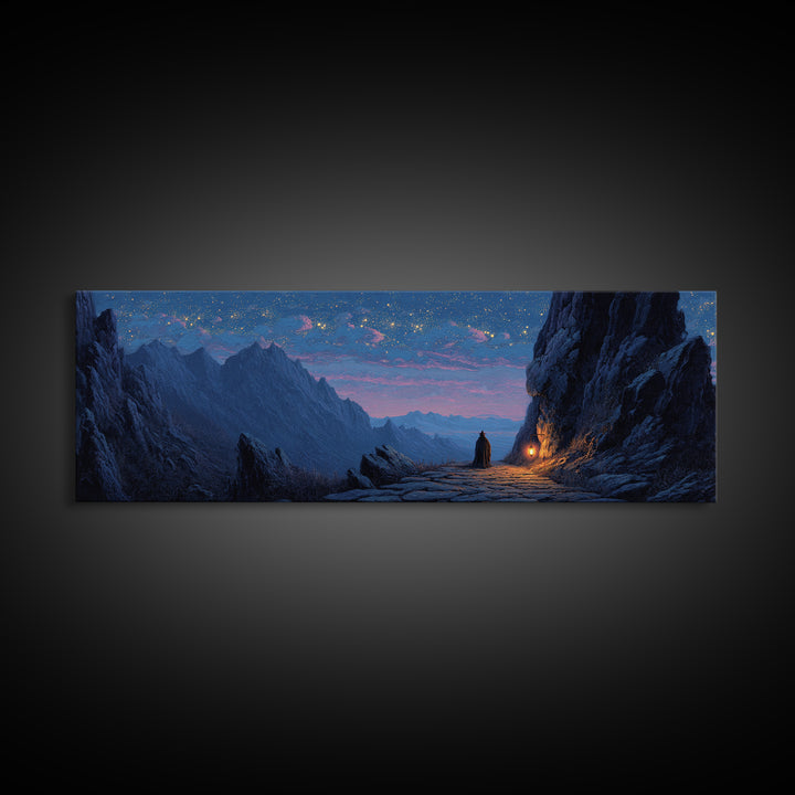Mystical Knight Under Starry Night Sky Landscape Wall Art Framed Canvas Print For Fantasy Home Decor