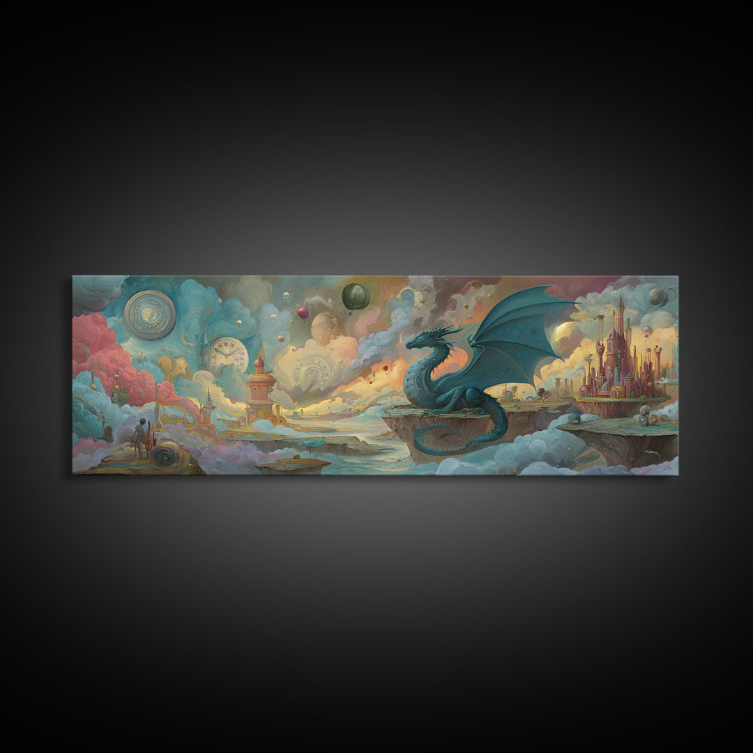 Majestic Blue Dragon Sitting On Floating Islands In Surreal Fantasy Landscape Wall Art Poster Print
