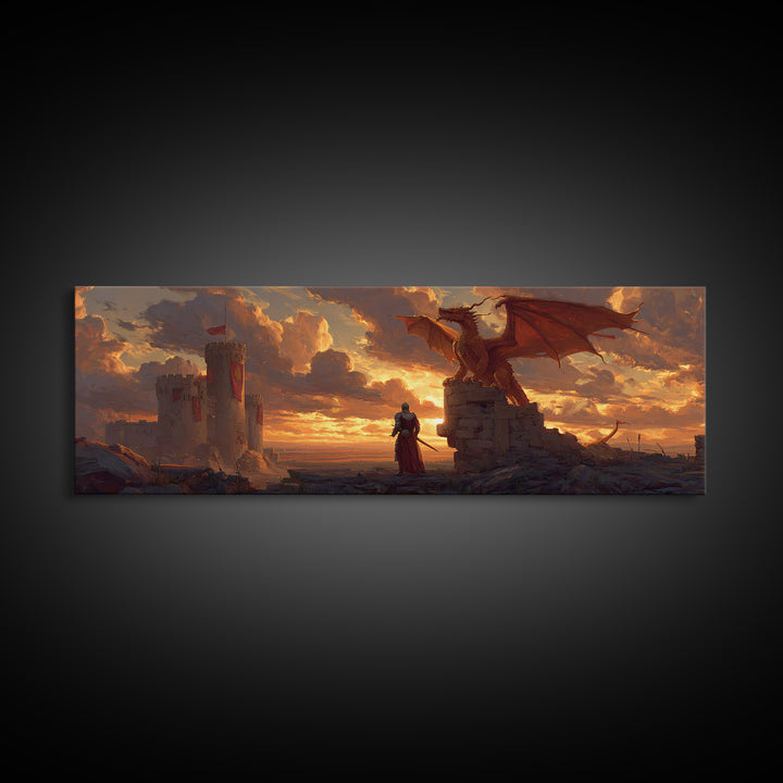 Majestic Dragon And Knight Battle At Castle Digital Fantasy Painting Framed Canvas Print For Magical Wall Art Home Decor