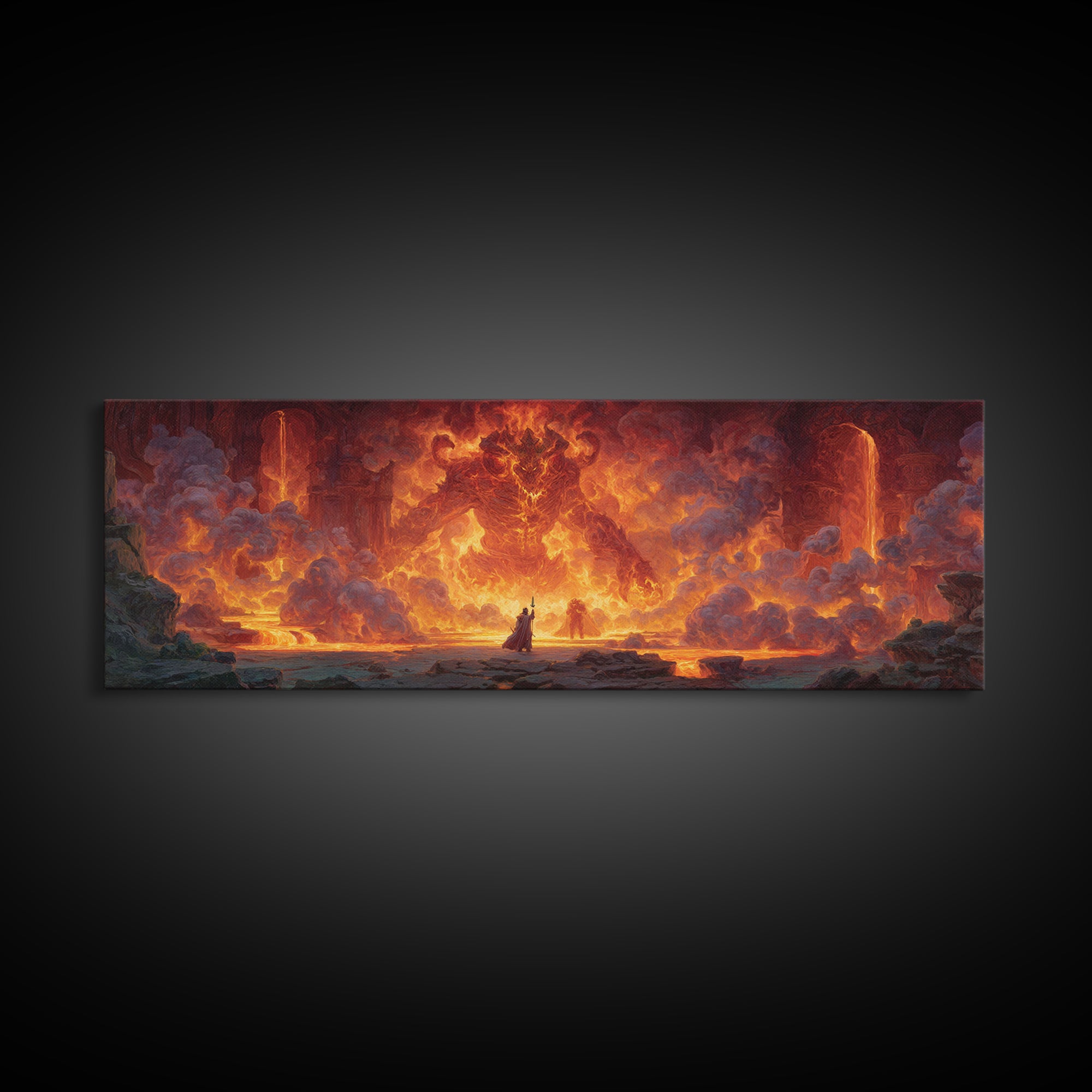 Fire Elemental Giant Facing Brave Warrior In Fiery Landscape Canvas Print Bold Large Wall Art For Dramatic Home Decor