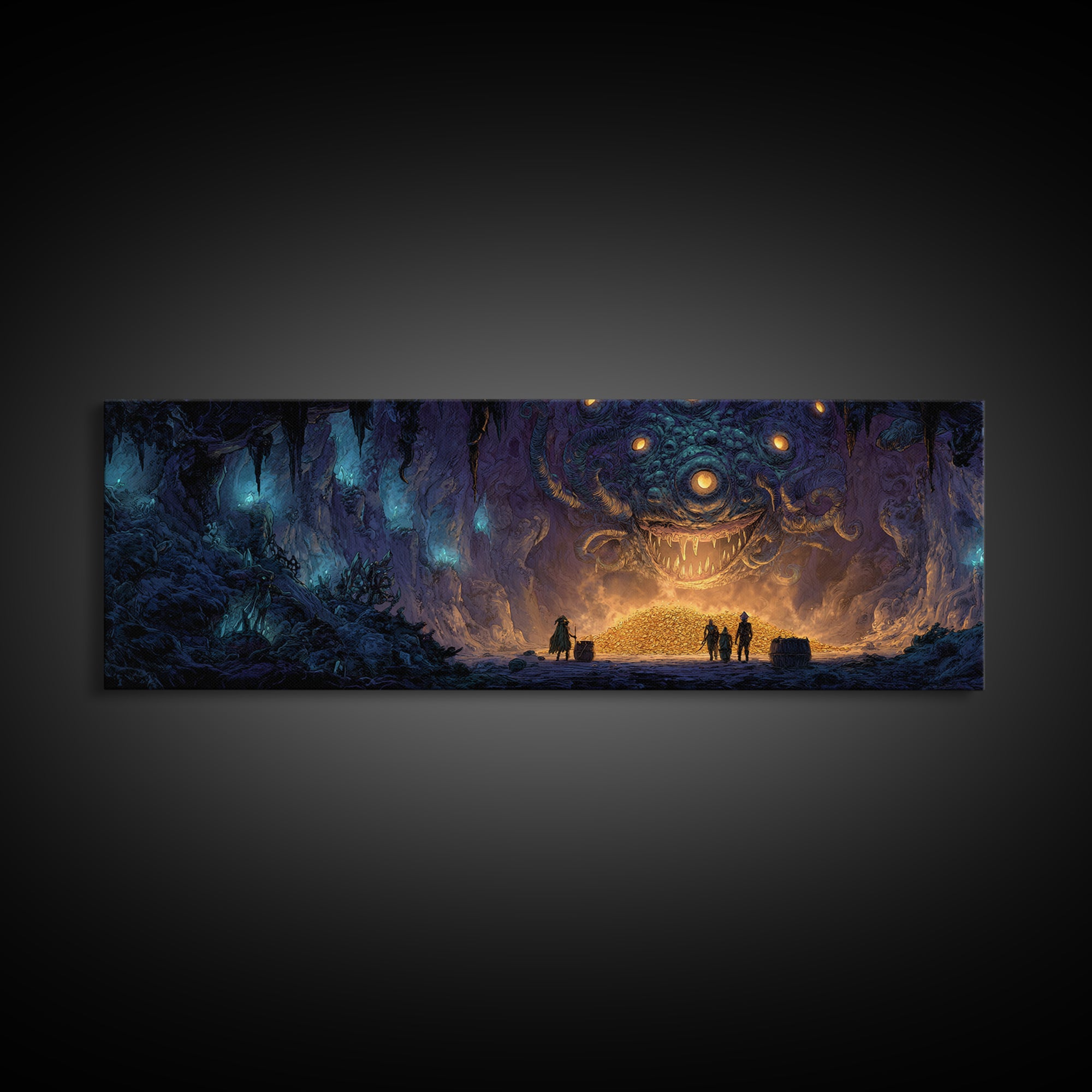 Fantasy Dungeon Scene With Beholder And Adventurers Original Illustration Wall Art Canvas Print For Gamers And Game Room Decor