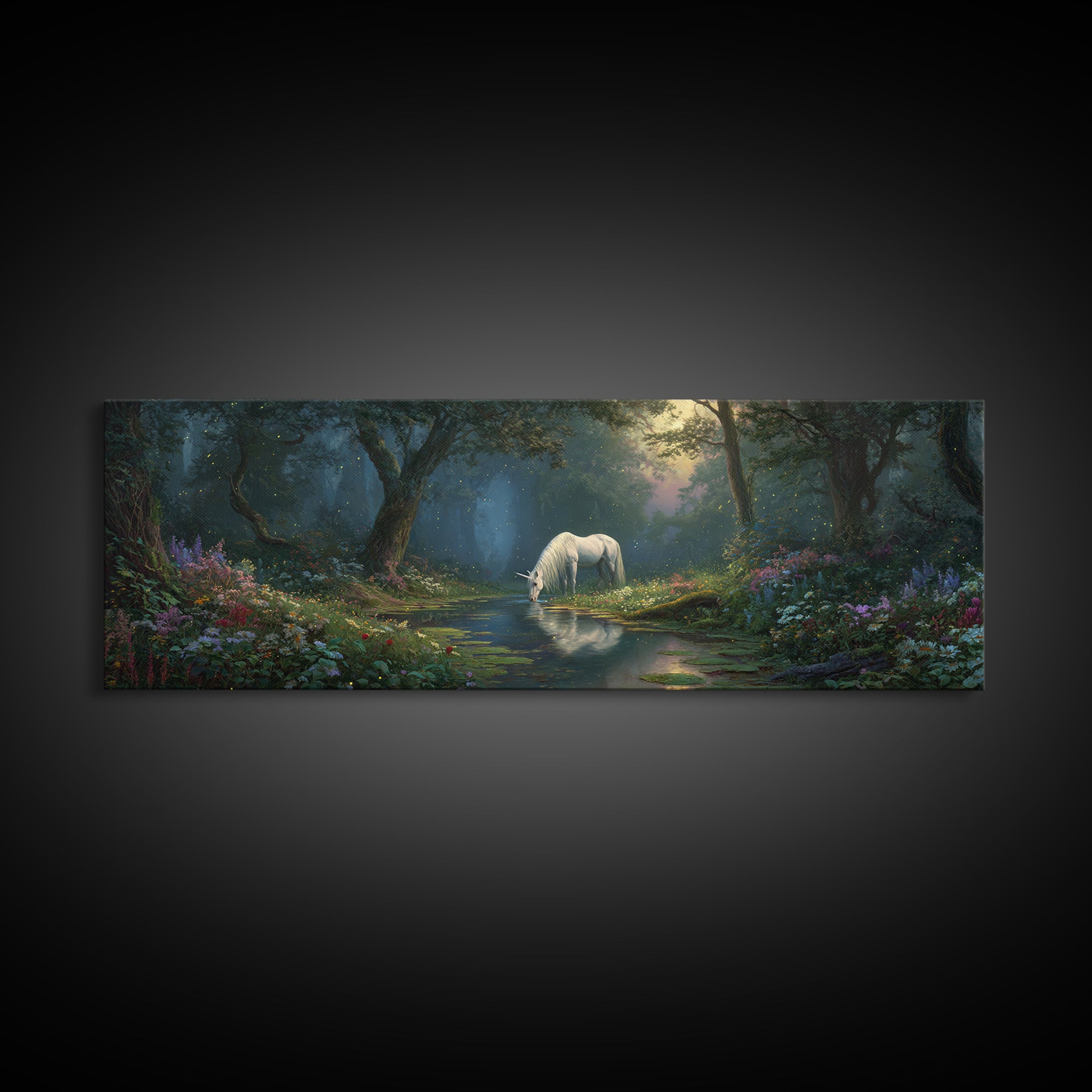 Magical Forest Unicorn Drinking From Stream With Enchanting Light Wall Art Framed Canvas Print For Fantasy Decor Kids Room