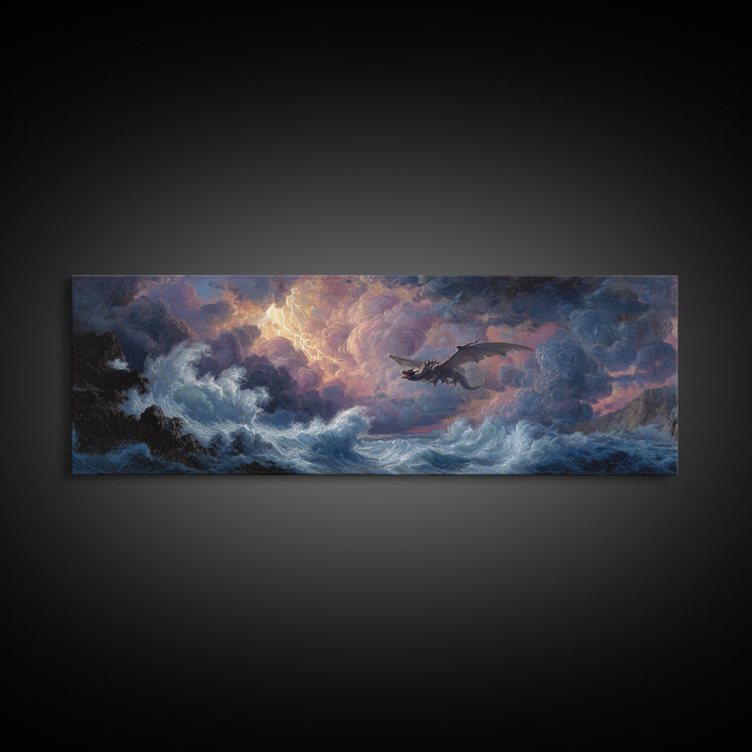 Stormy Seascape With Dragon Emerging From Ocean Waves Fantasy Wall Art Framed Canvas Print For Living Room Decor