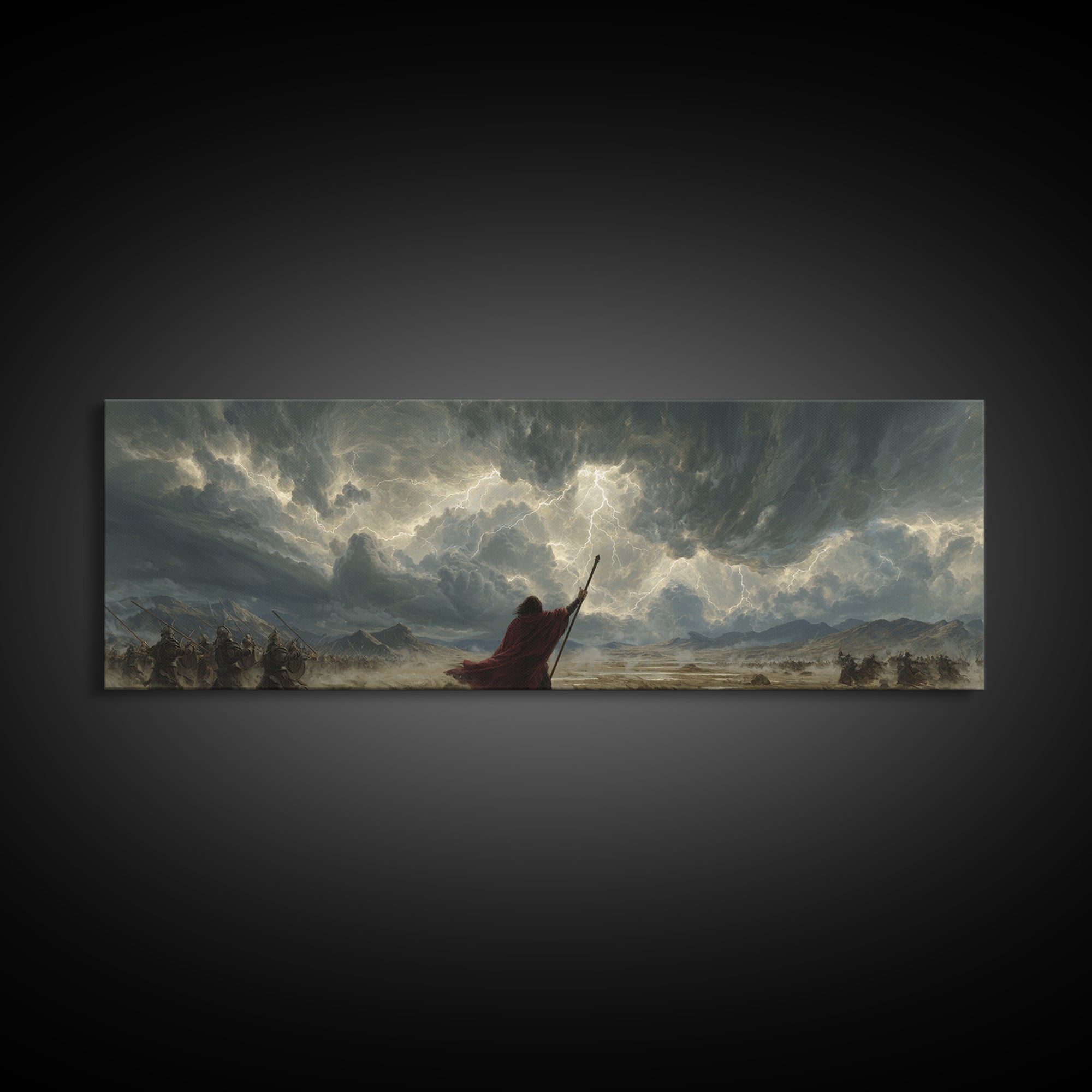 Epic Battle With Lightning Strike And Armored Warriors Fantasy Wall Art Canvas Print For Dramatic Home Decor And Gaming Room