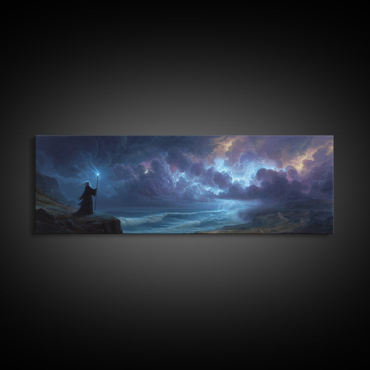 Epic Fantasy Wizard Holding Staff In Stormy Coastal Landscape - Magical Fantasy Wall Art Canvas Print For Mystical Room Decor