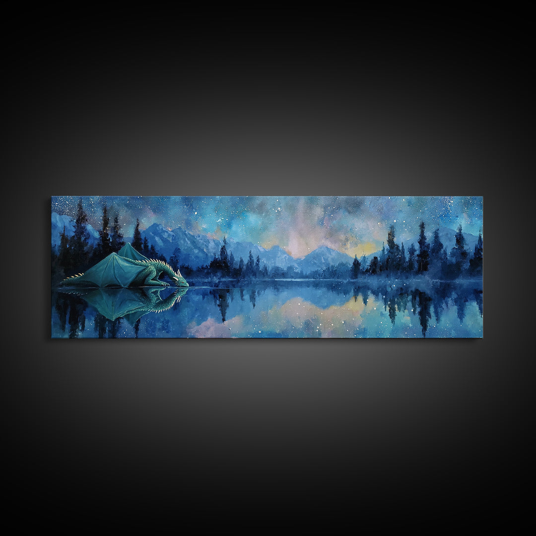 Serene Dragon By Moonlight Drinking From Crystal Lake Amid Starry Sky Framed Canvas Print Fantasy Wall Art