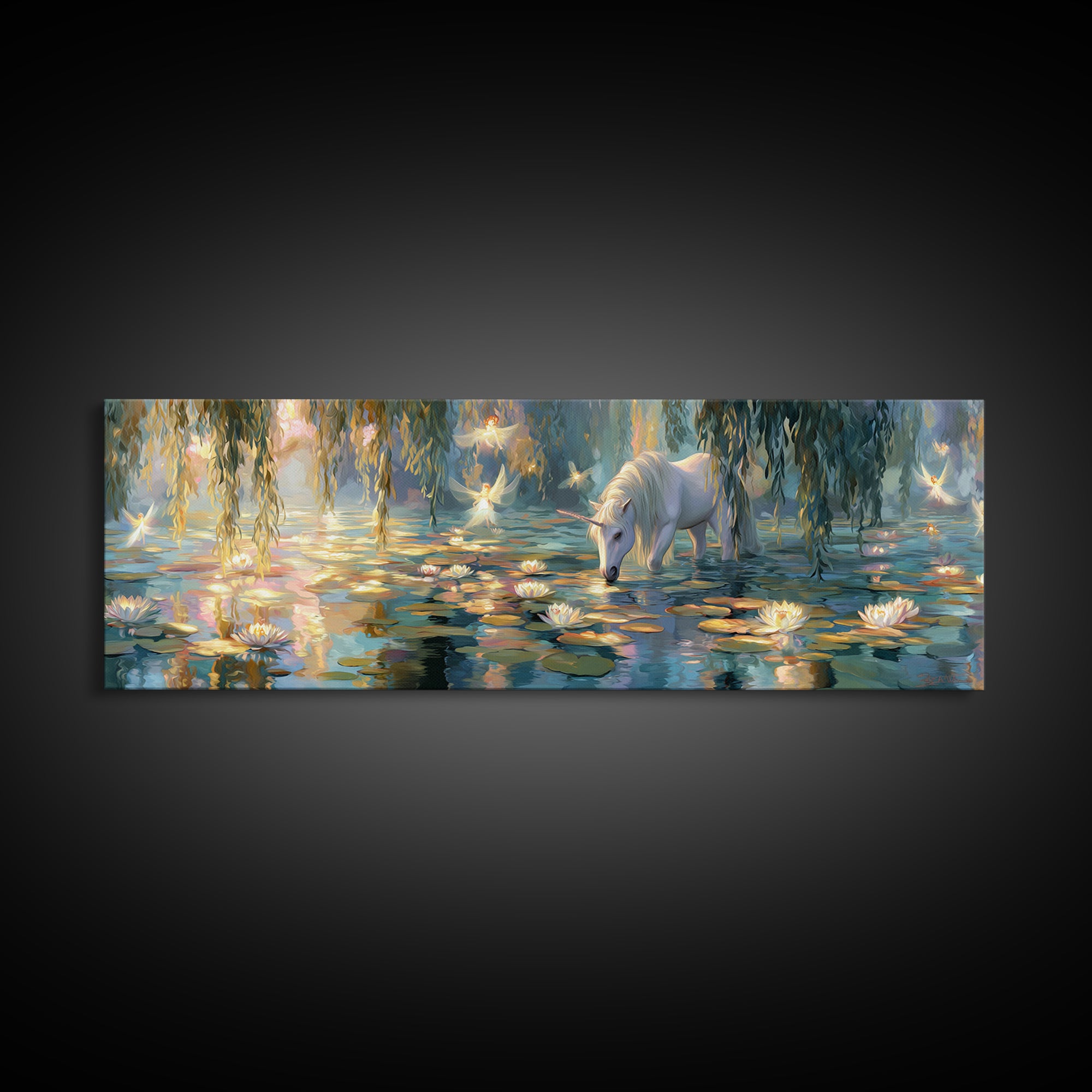 Fairy Tale Unicorn In Ethereal Lily Pond With Glowing Fairies - Whimsical Wall Art Framed Canvas Print For Nursery And Bedroom Decor