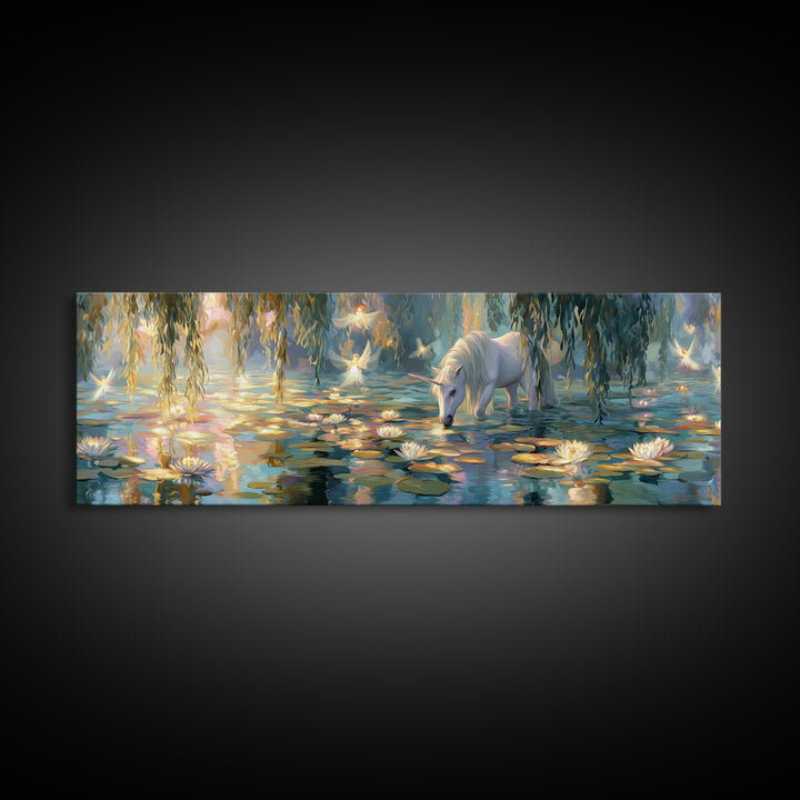 Fairy Tale Unicorn In Ethereal Lily Pond With Glowing Fairies - Whimsical Wall Art Framed Canvas Print For Nursery And Bedroom Decor