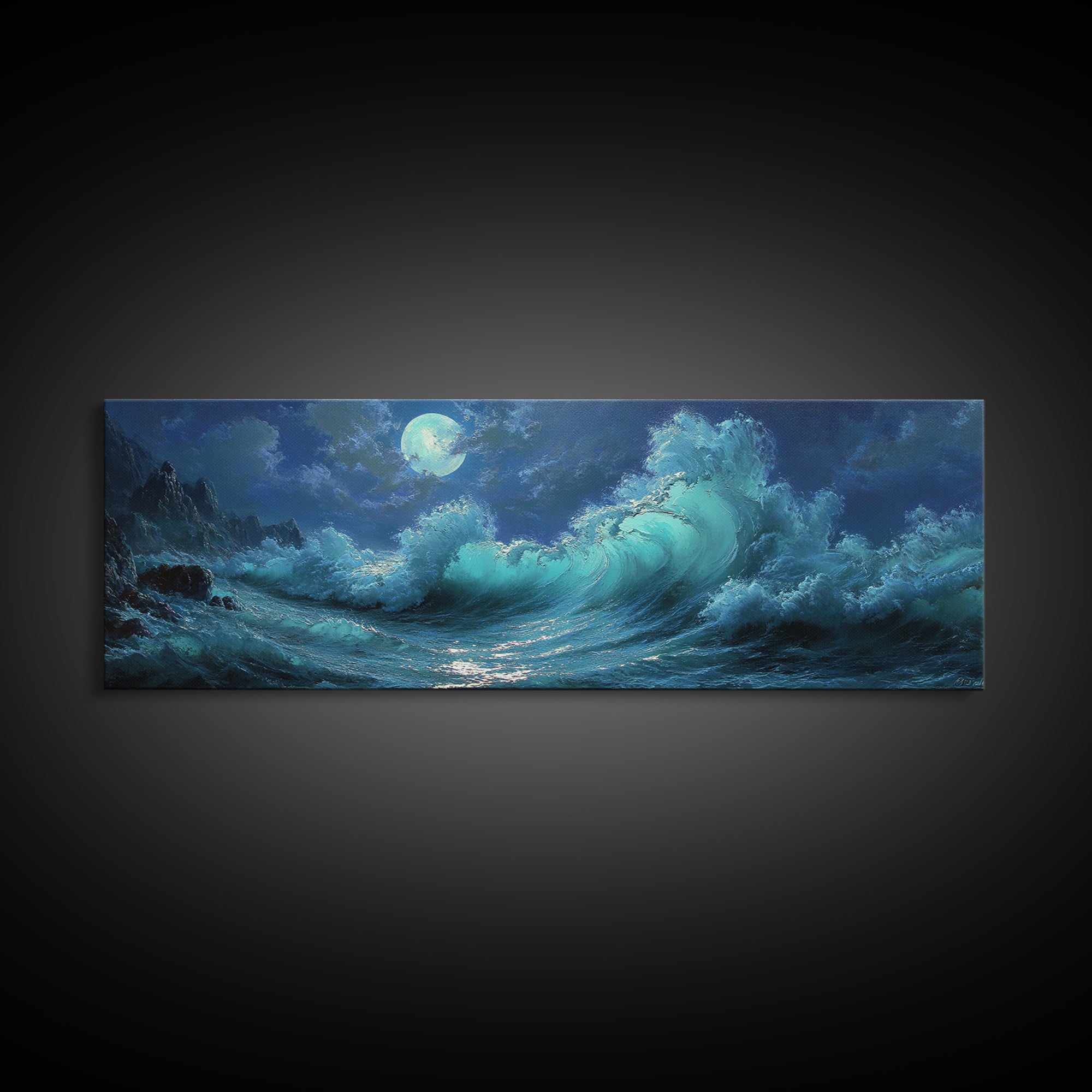 Wave Crash Under Moonlight Oil Painting Wall Art Moody Seascape Canvas Print For Coastal Living Room Decor