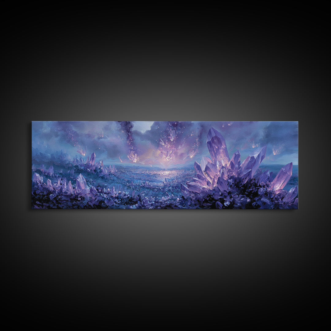 Mystical Purple Crystal Landscape With Falling Crystals Wall Art Framed Canvas Print For Unique Home Decor