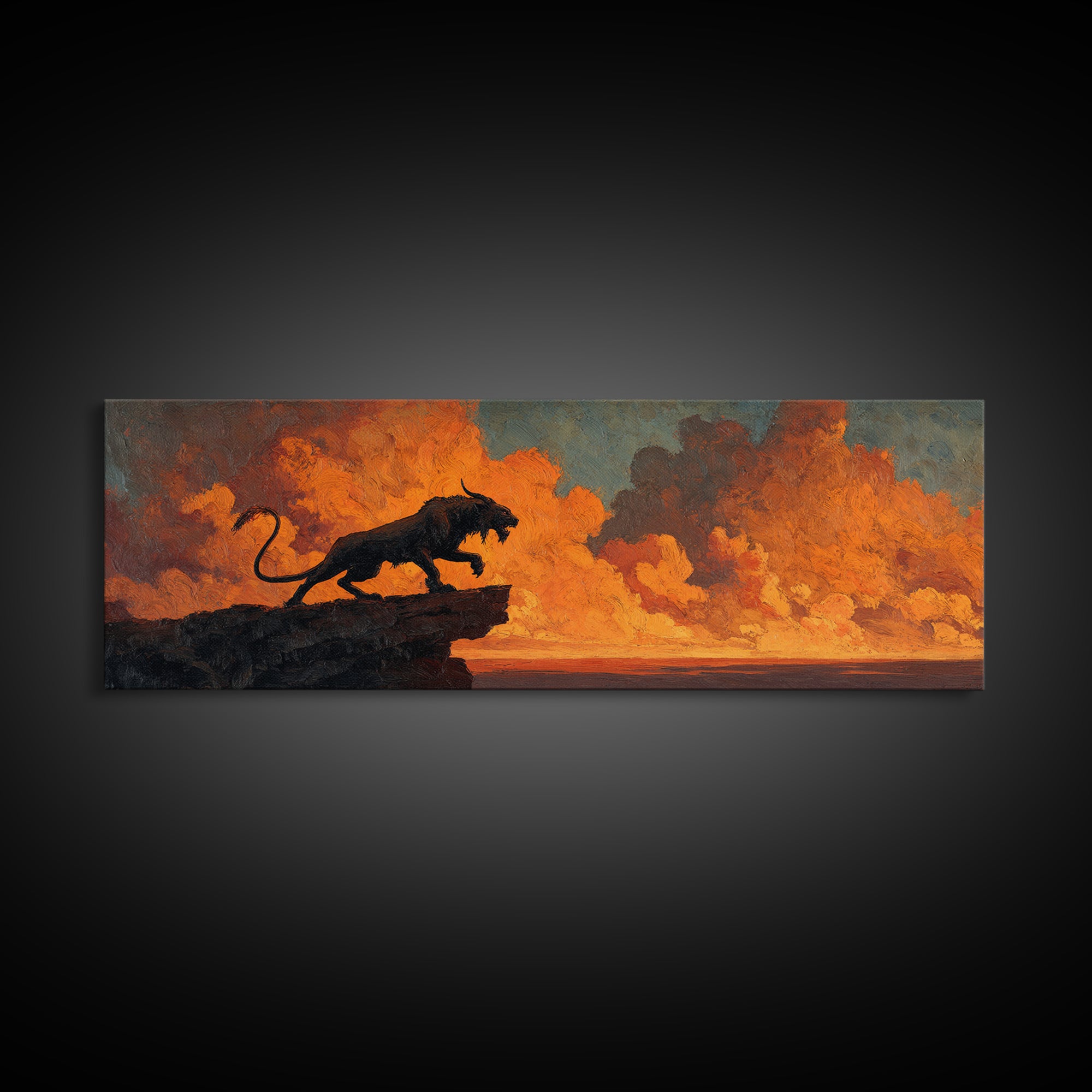Dramatic Black Panther Silhouette Against Fiery Sunset Sky Landscape Canvas Print For Unique Wall Art Decor