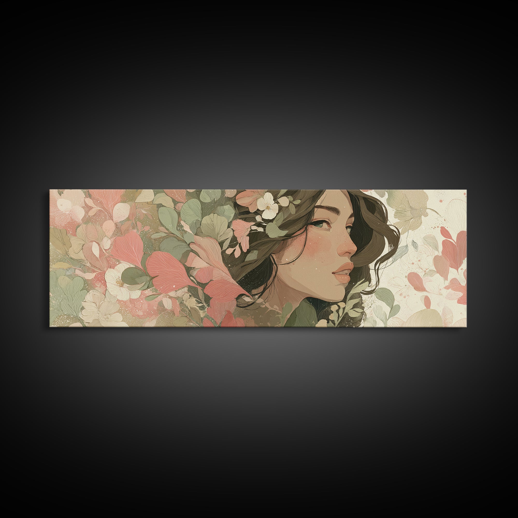 Floral Woman Portrait With Green Leaves Wall Art, Modern Feminine Botanical Decor, Boho Bedroom Decor, Framed Canvas Print