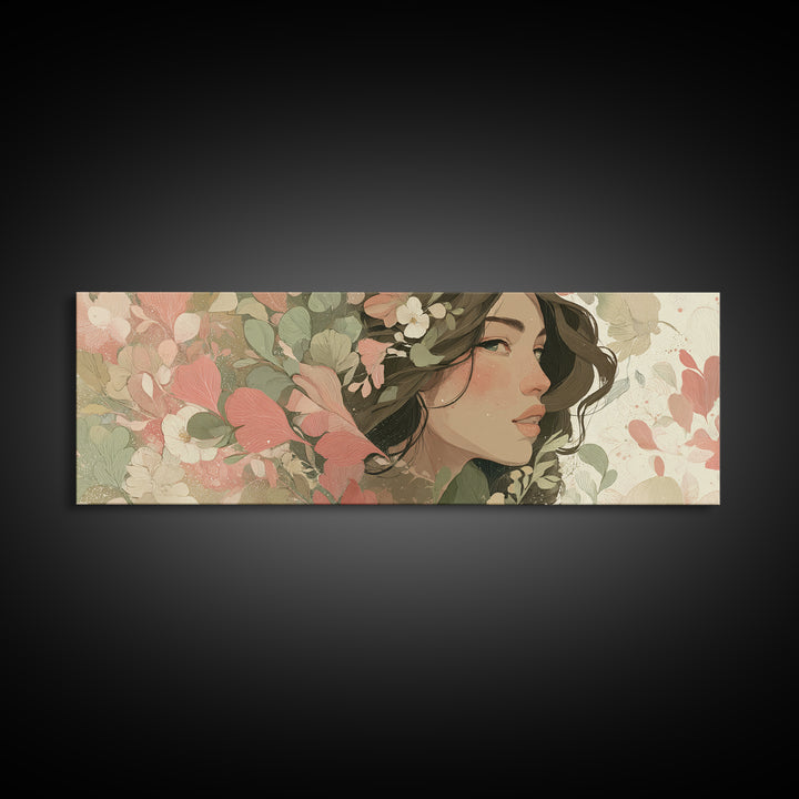 Floral Woman Portrait With Green Leaves Wall Art, Modern Feminine Botanical Decor, Boho Bedroom Decor, Framed Canvas Print