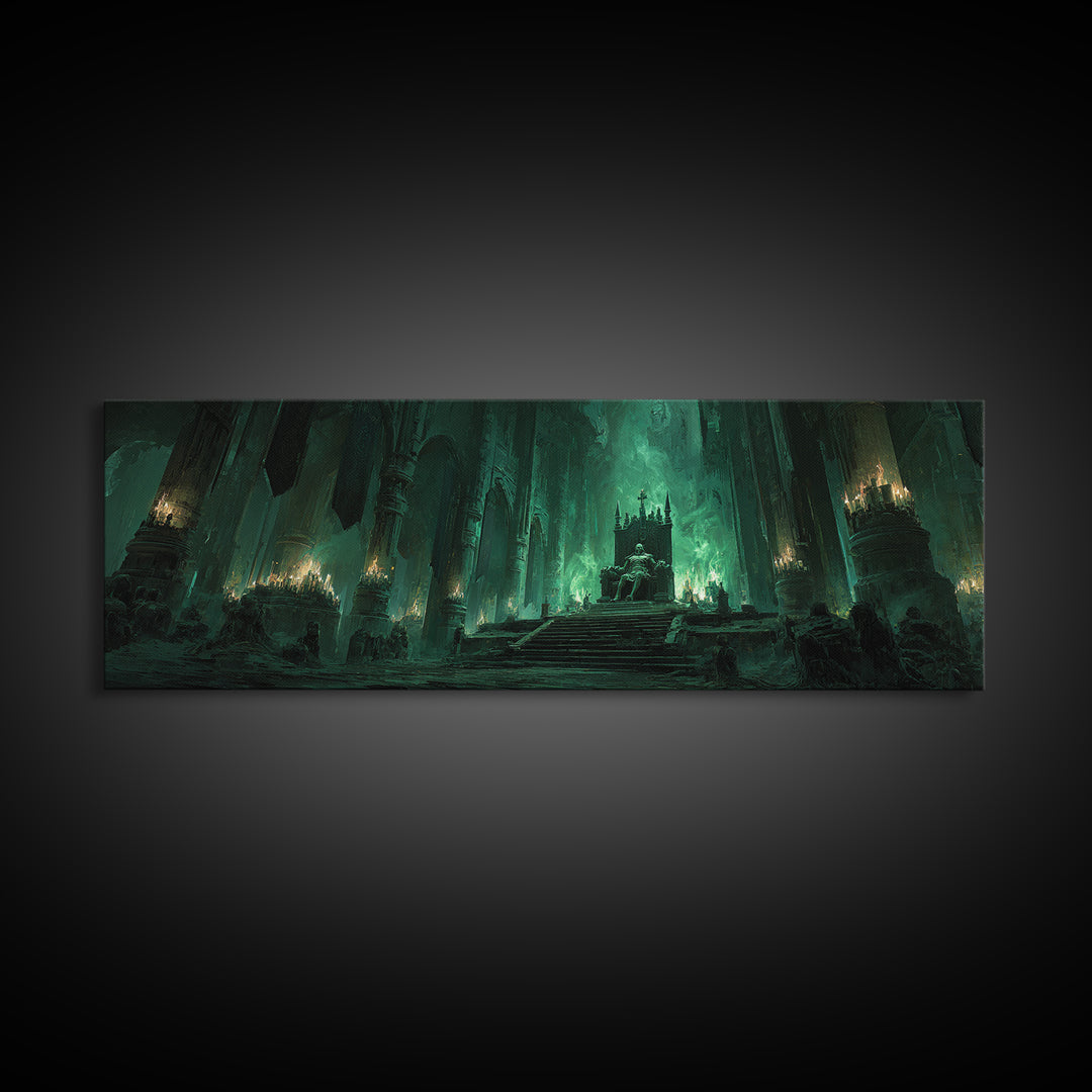 Green Fantasy Gothic Cathedral Throne Room Dark Artwork Wall Art Canvas Print Moody Gothic Home Decor