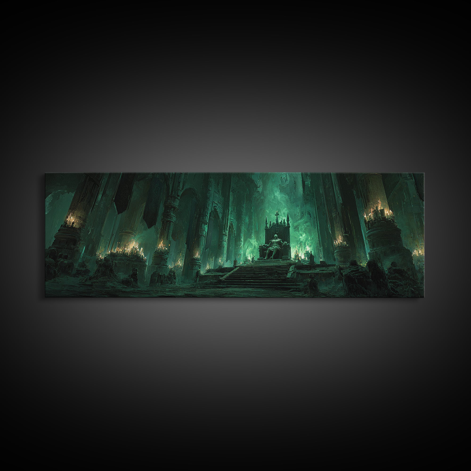 Green Fantasy Gothic Cathedral Throne Room Dark Artwork Wall Art Canvas Print Moody Gothic Home Decor