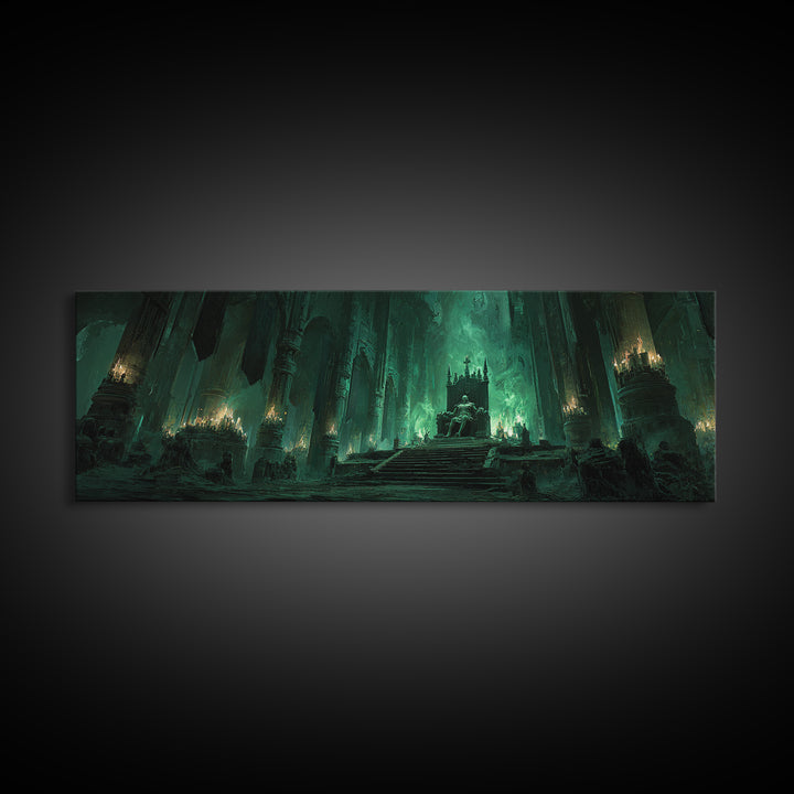 Green Fantasy Gothic Cathedral Throne Room Dark Artwork Wall Art Canvas Print Moody Gothic Home Decor