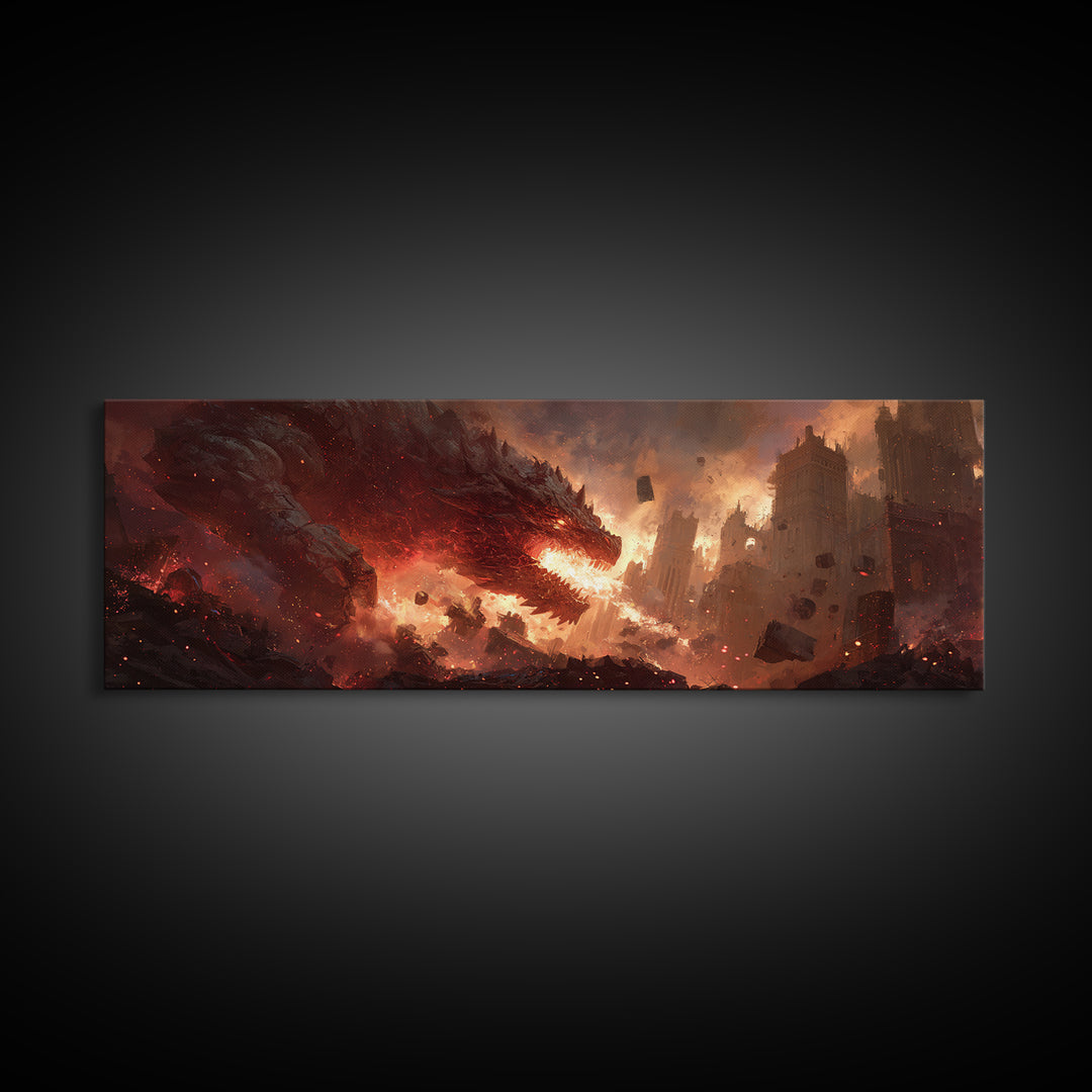 Epic Fiery Dragon Breathing Flames Amidst A Burning City Fantasy Wall Art Canvas Print For Modern Home Decor And Gaming Rooms