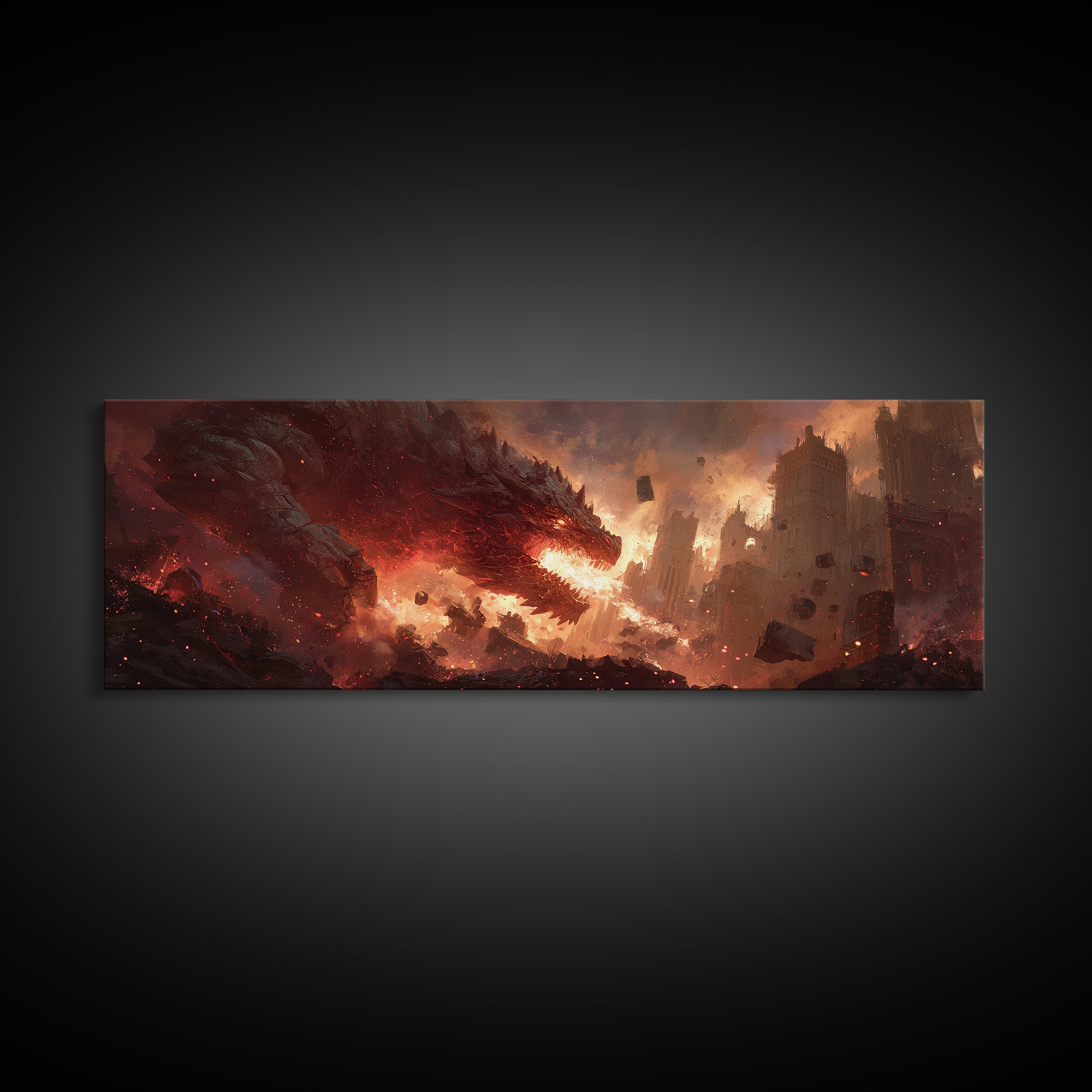 Epic Fiery Dragon Breathing Flames Amidst A Burning City Fantasy Wall Art Canvas Print For Modern Home Decor And Gaming Rooms