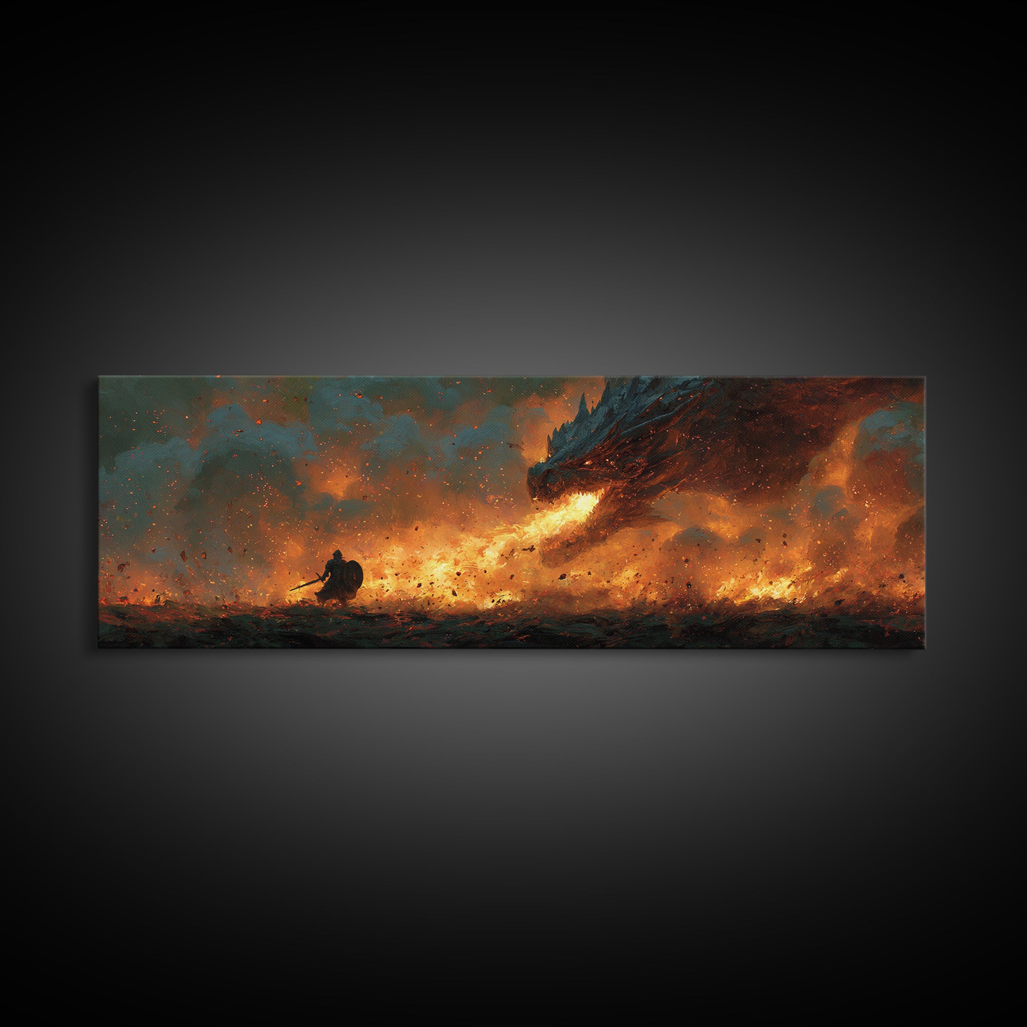 Fiery Viking Warrior Fighting Dragon Epic Fantasy Wall Art Framed Canvas Print For Dramatic Home Decor Gift