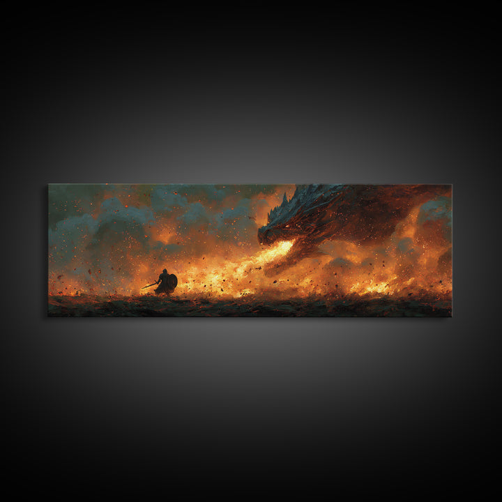 Fiery Viking Warrior Fighting Dragon Epic Fantasy Wall Art Framed Canvas Print For Dramatic Home Decor Gift