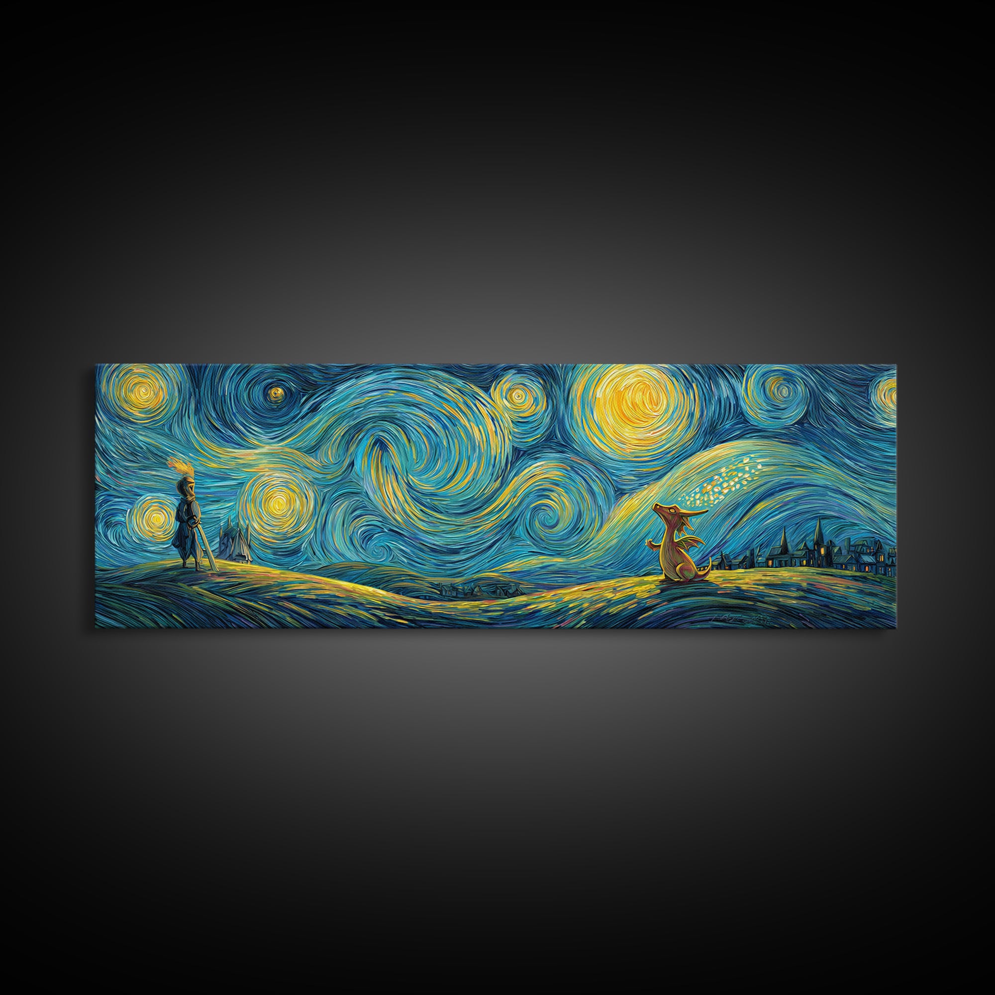 Whimsical Starry Night Inspired Canvas Print With Playful Dragon And Knight In Vibrant Blues And Yellows Unique Wall Art For Kids Room And Fantasy Decor