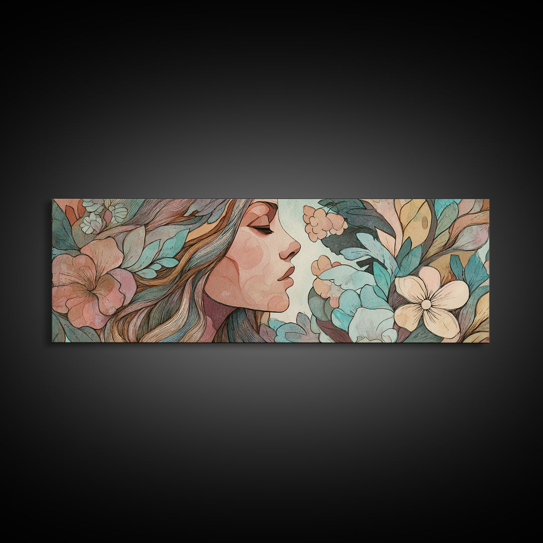 Art Nouveau Woman With Teal Florals Wall Art, Feminine Botanical Canvas Print, Boho Bedroom Decor, Living Room Decor, Gift For Her
