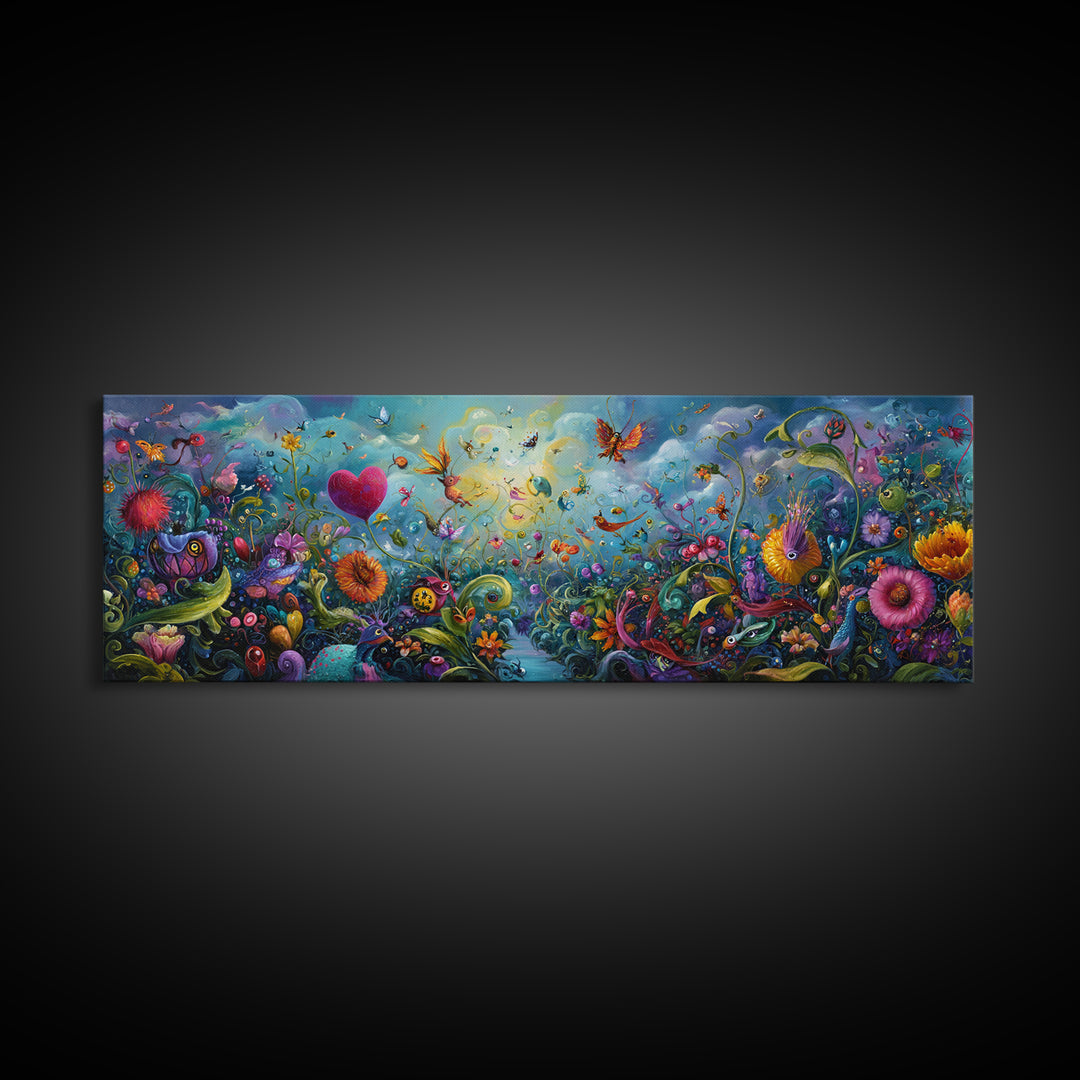 Ethereal Mystical Landscape With Cloud Giant Looming Over Young Boy Wall Art Framed Canvas Print For Inspirational Decor