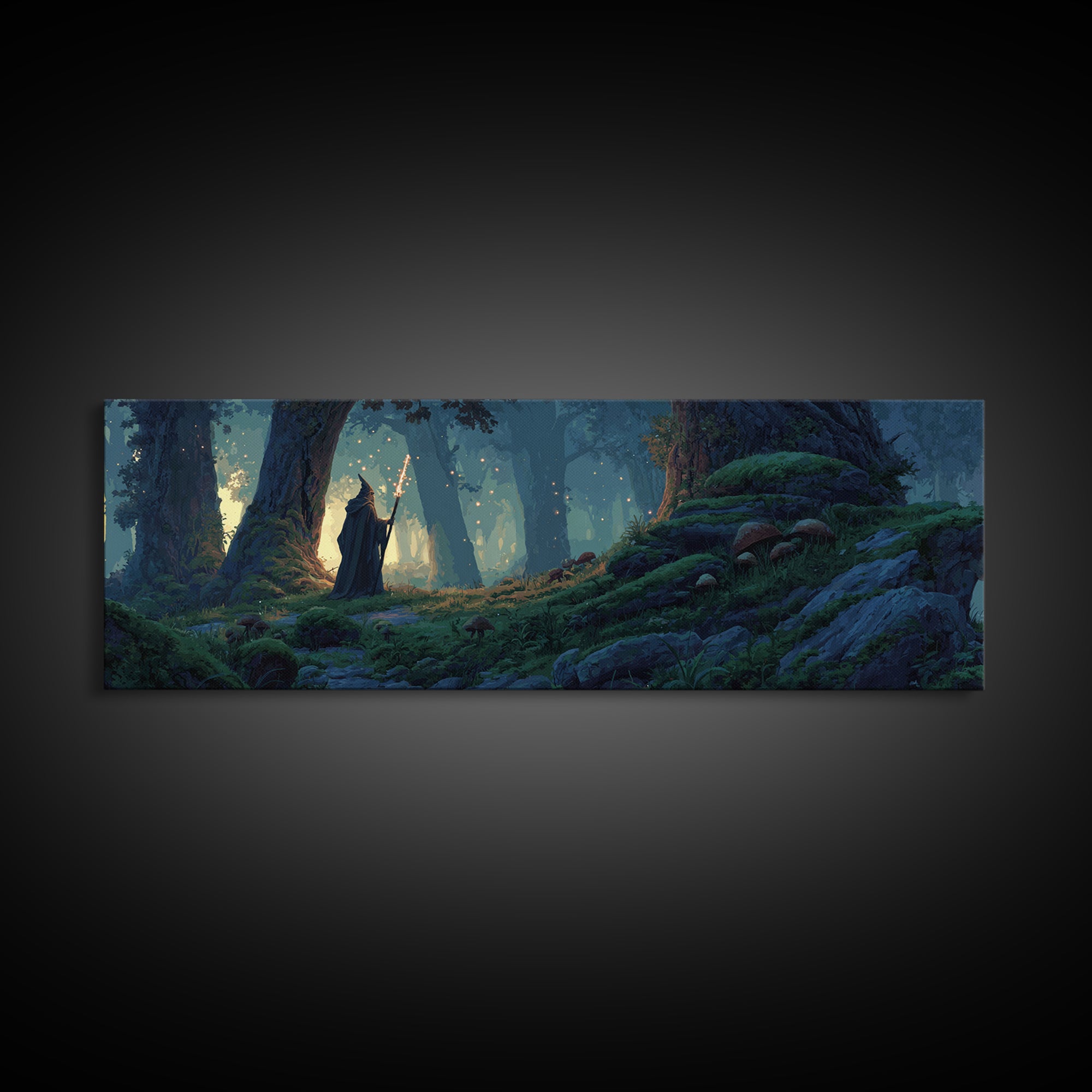 Epic Mountain Landscape With Wizard Wand Fantasy Wall Art Canvas Print Dramatic Home Decor Large Original Painting