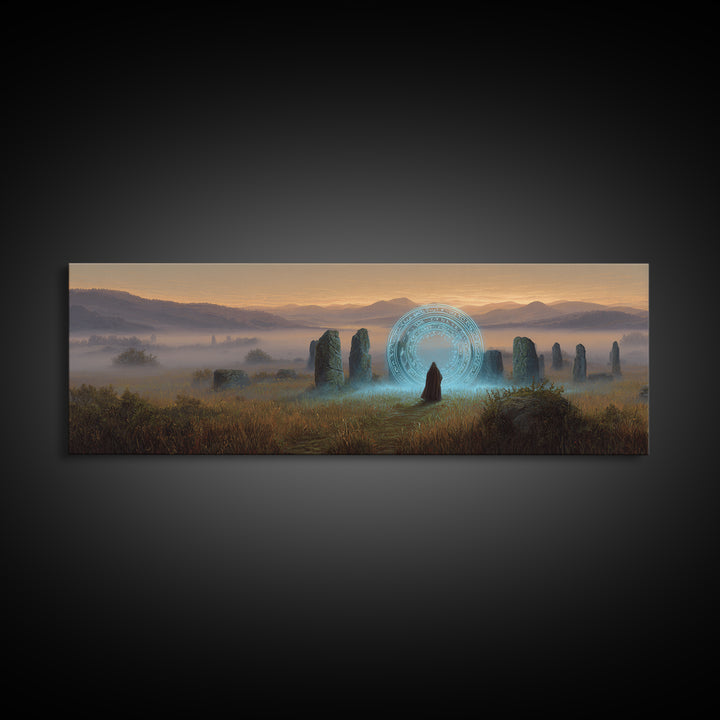 Mystical Wizard Standing Before Ancient Stone Circle With Glowing Magic Portal Fantasy Canvas Print Wall Art