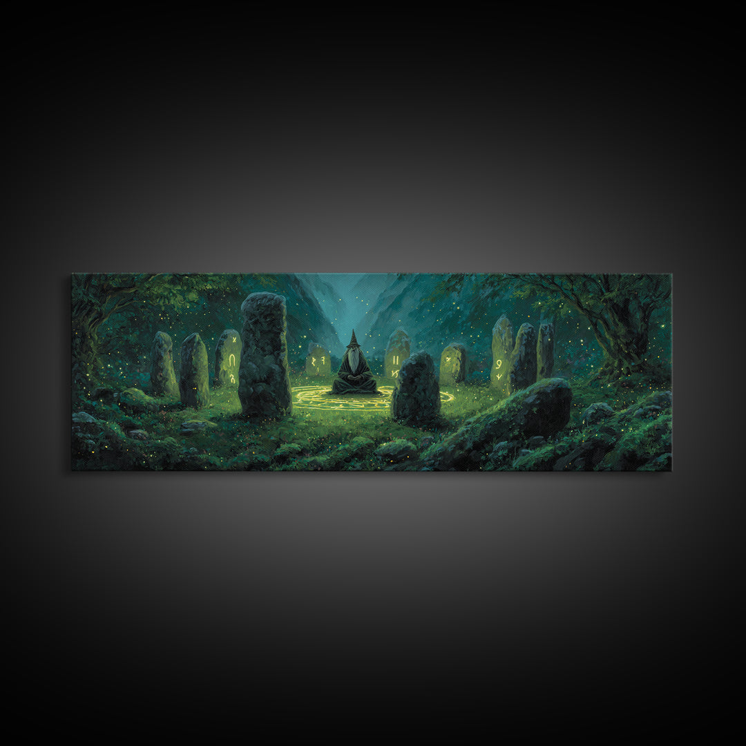 Fantasy Magician Meditating Among Ancient Stones Spellcasting Abstract Wall Art Canvas Print For Magical Decor