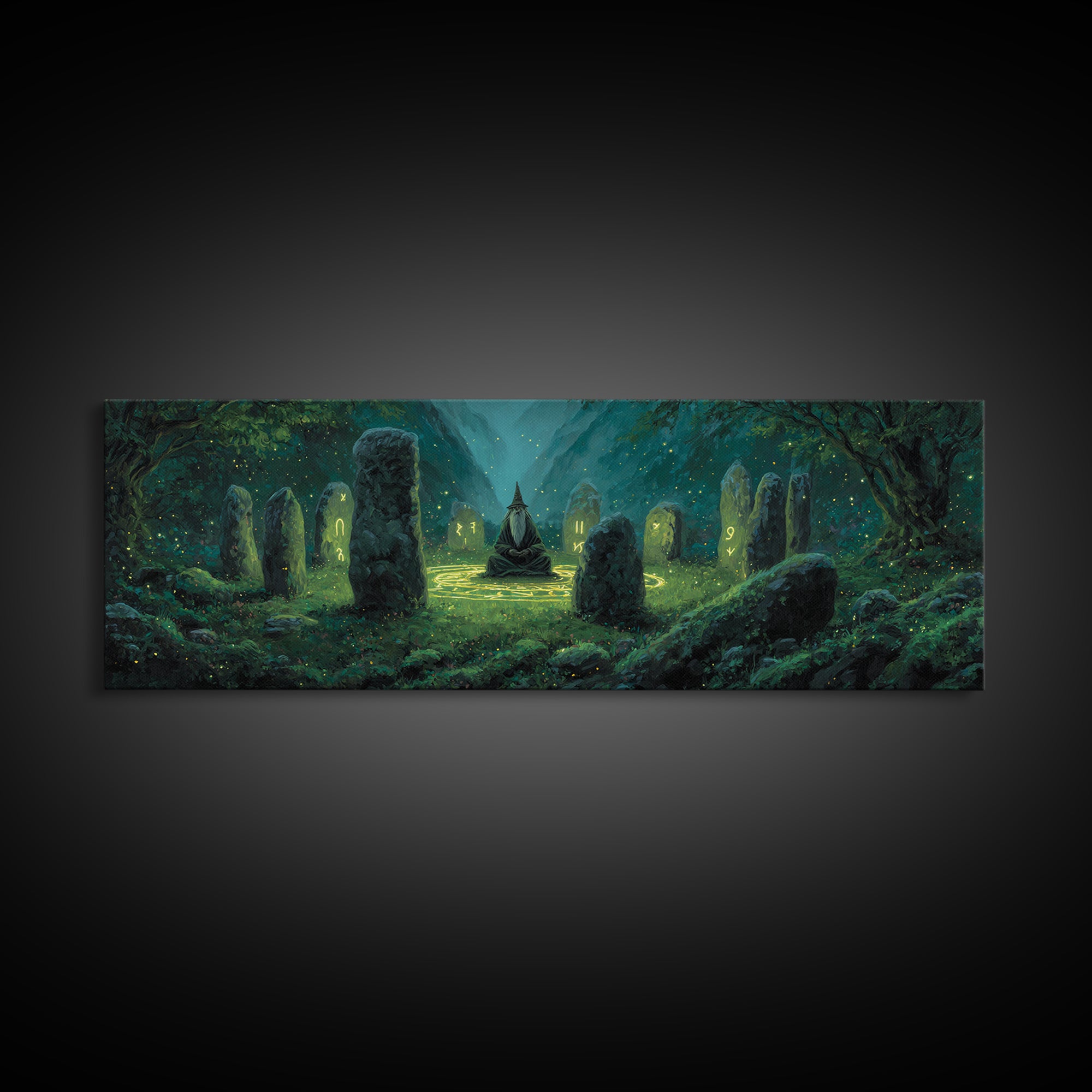 Fantasy Magician Meditating Among Ancient Stones Spellcasting Abstract Wall Art Canvas Print For Magical Decor