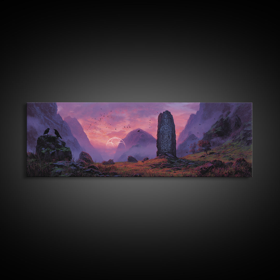 Mystical Landscape With Runes Stone Monolith And Magical Symbols At Dusk Fantasy Art Large Wall Art Canvas Print