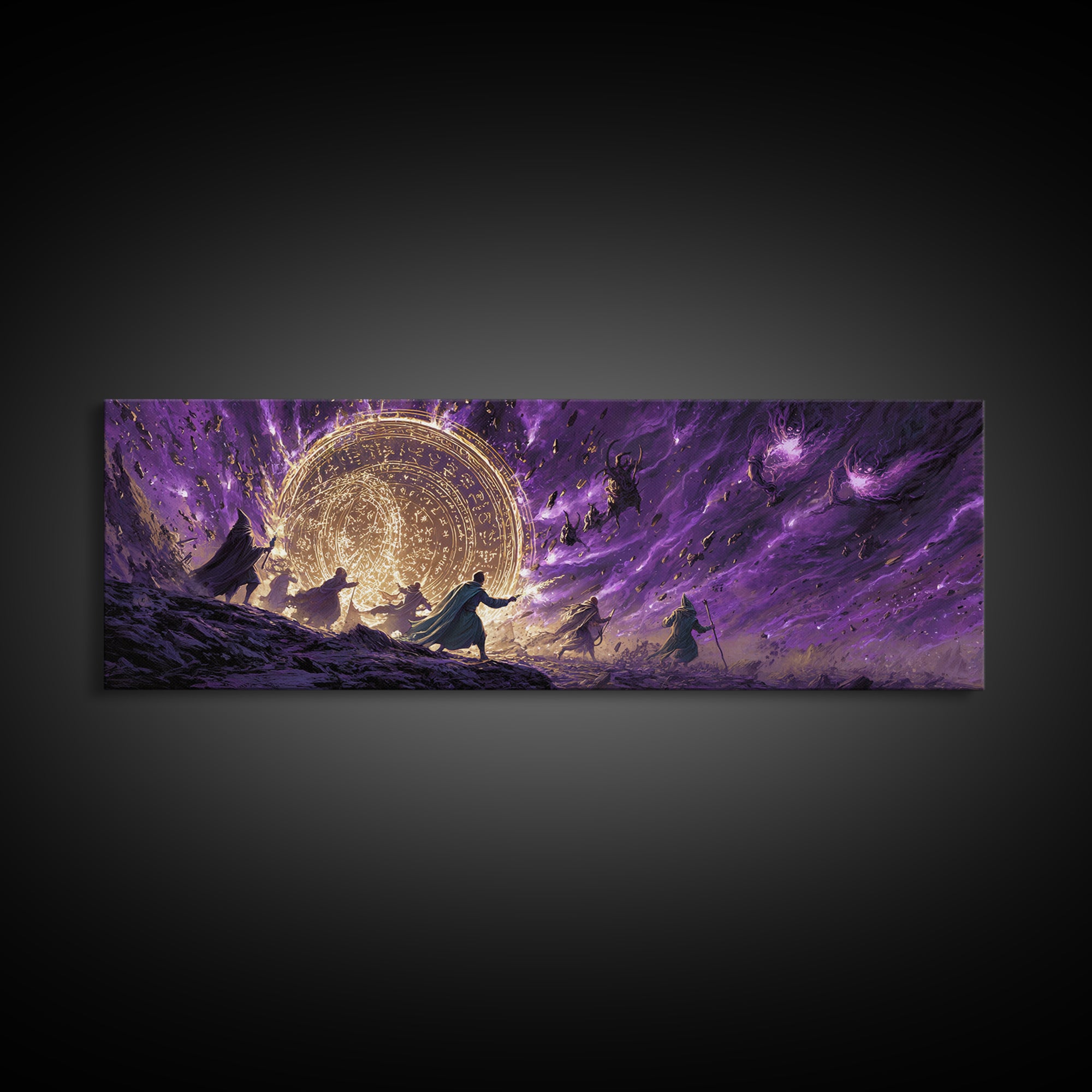 Epic Fantasy Battle Scene With Mages Creating Magical Barrier Against Creatures Wall Art Canvas Print