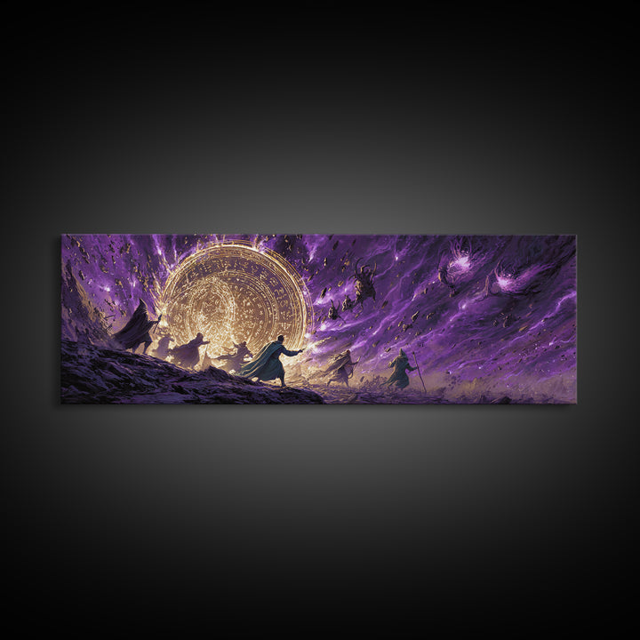 Epic Fantasy Battle Scene With Mages Creating Magical Barrier Against Creatures Wall Art Canvas Print