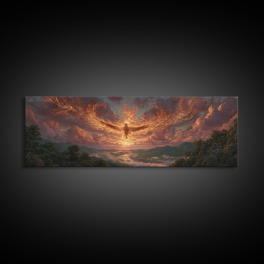 Majestic Phoenix Rising Over Scenic Valley Dramatic Sunset Landscape Canvas Print Modern Wall Art