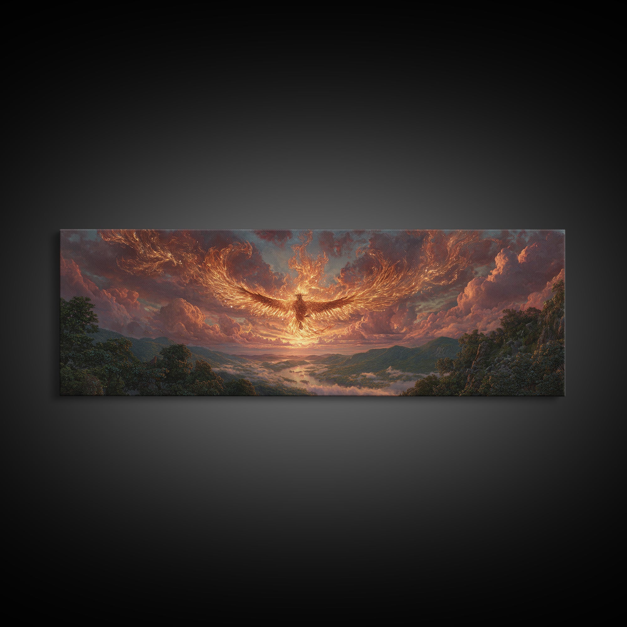Majestic Phoenix Rising Over Scenic Valley Dramatic Sunset Landscape Canvas Print Modern Wall Art