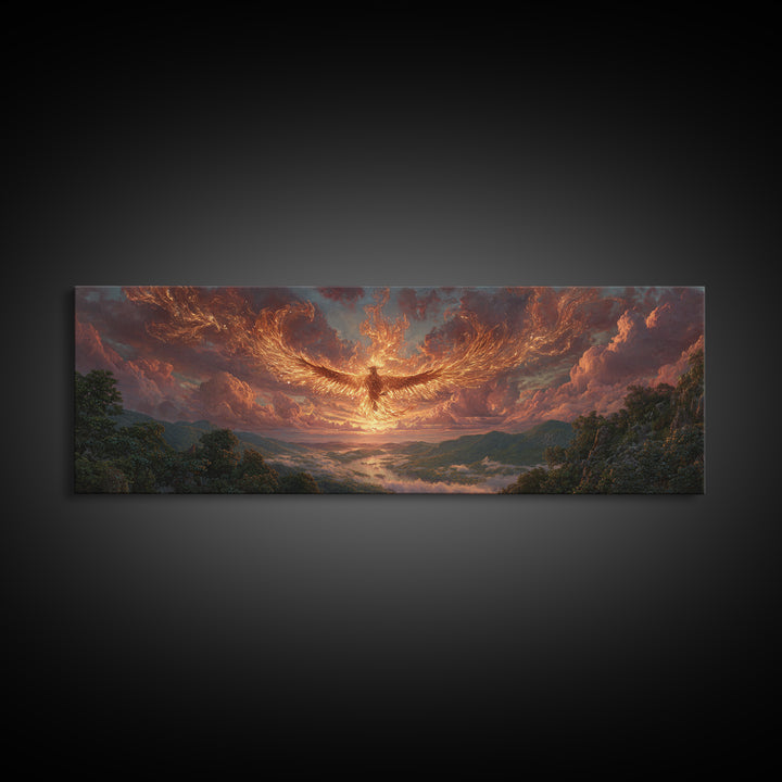 Majestic Phoenix Rising Over Scenic Valley Dramatic Sunset Landscape Canvas Print Modern Wall Art
