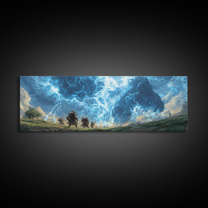 Epic Fantasy Battle Art Depicting Warriors Facing Giant Made Of Stormy Clouds Canvas Print