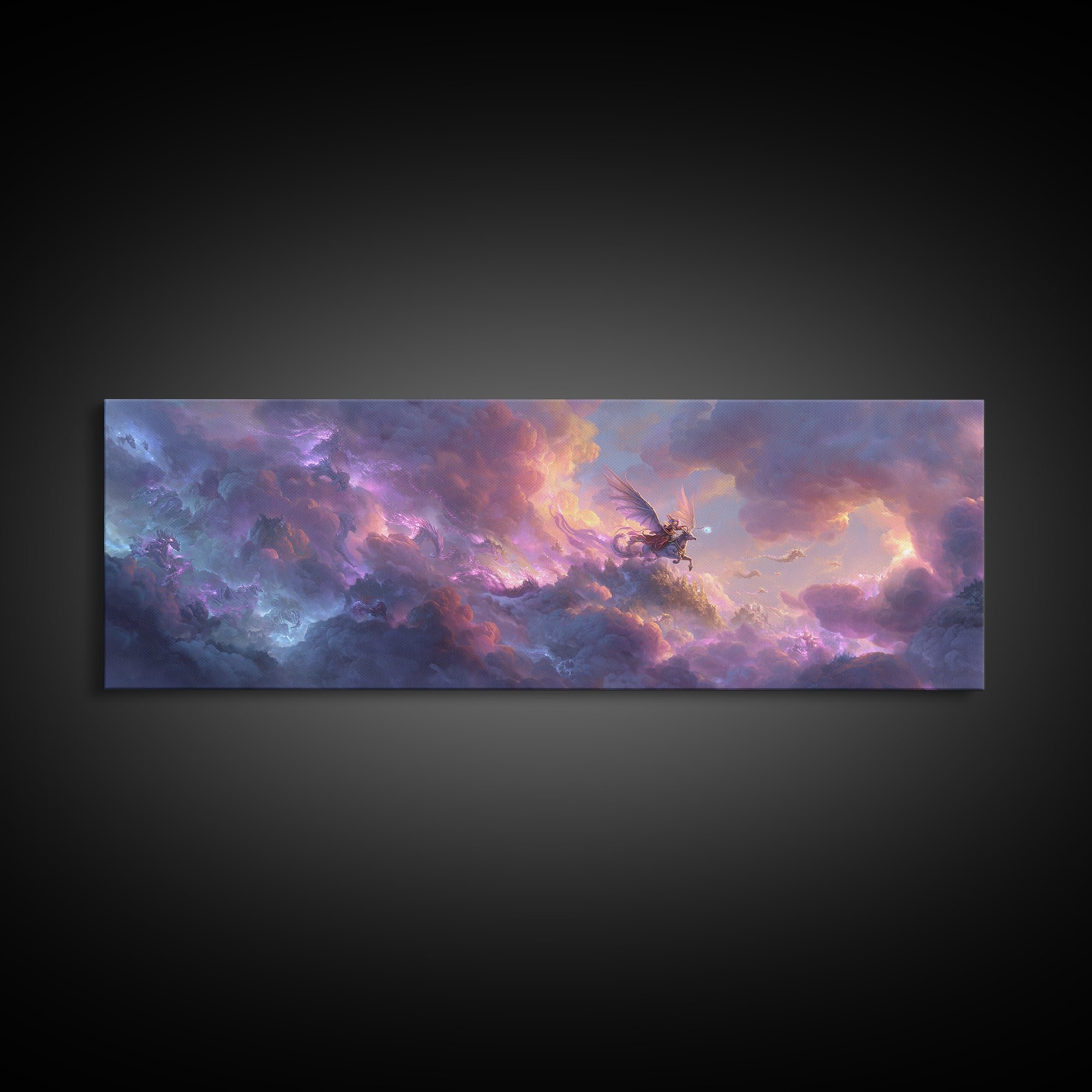 Epic Fantasy Sky Battle With Winged Warrior Dragons And Light Magic Canvas Print Large Wall Art For Fantasy Decor