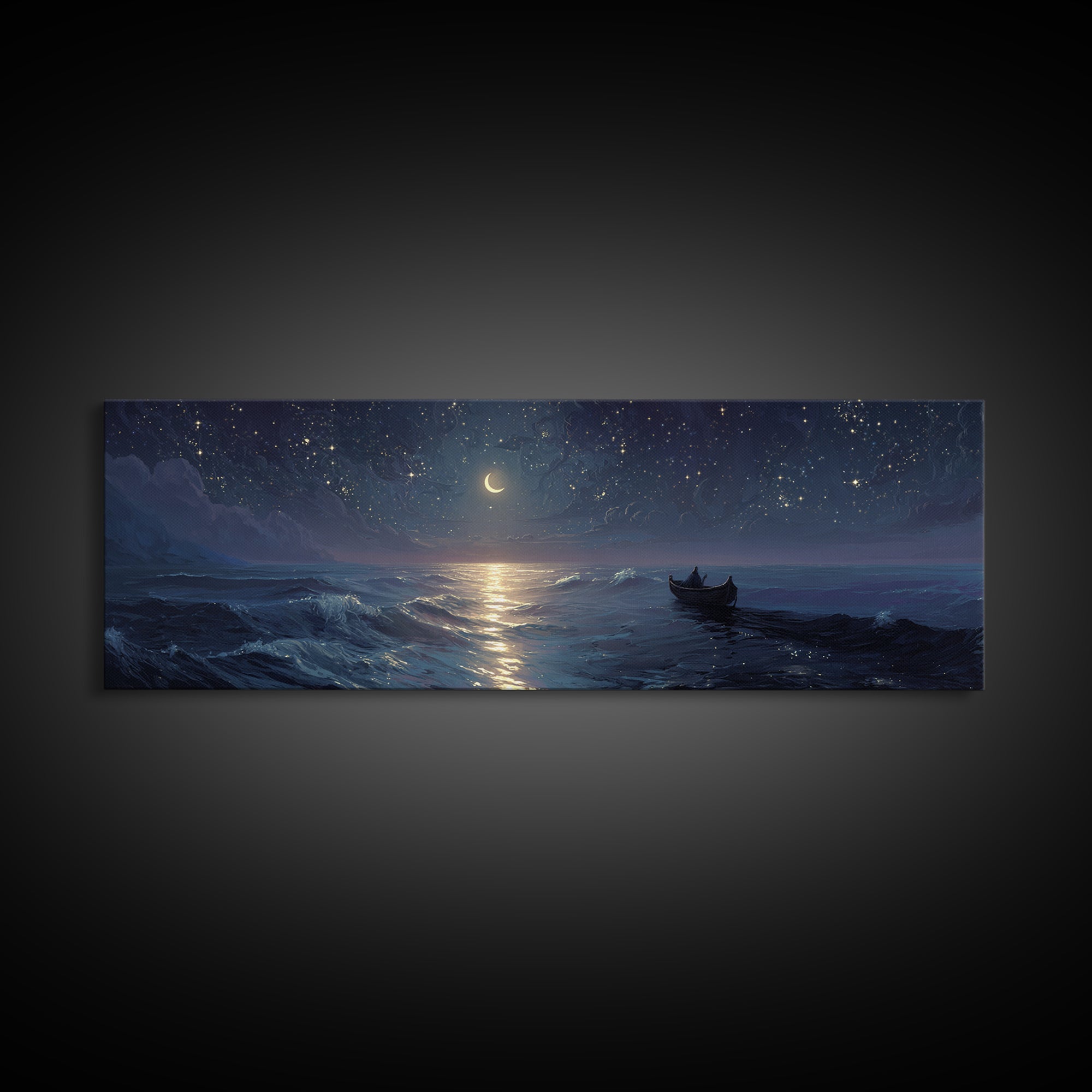Serene Night Ocean Scene With Boat And Crescent Moon Under Starry Sky Wall Art Modern Coastal Decor Canvas Print