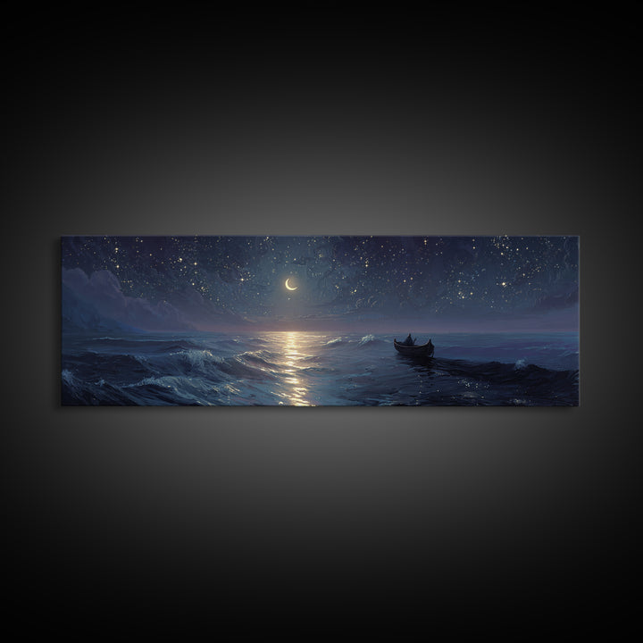 Serene Night Ocean Scene With Boat And Crescent Moon Under Starry Sky Wall Art Modern Coastal Decor Canvas Print